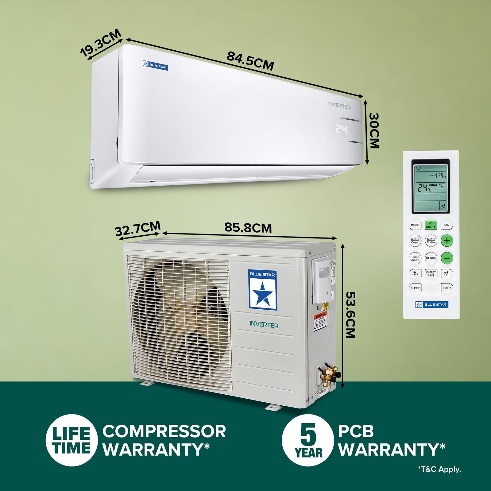 Blue Star Y Series 5 in 1 Convertible 1 Ton 3 Star Inverter Split AC with Dust Filter (Copper Condenser, IE312YNU)