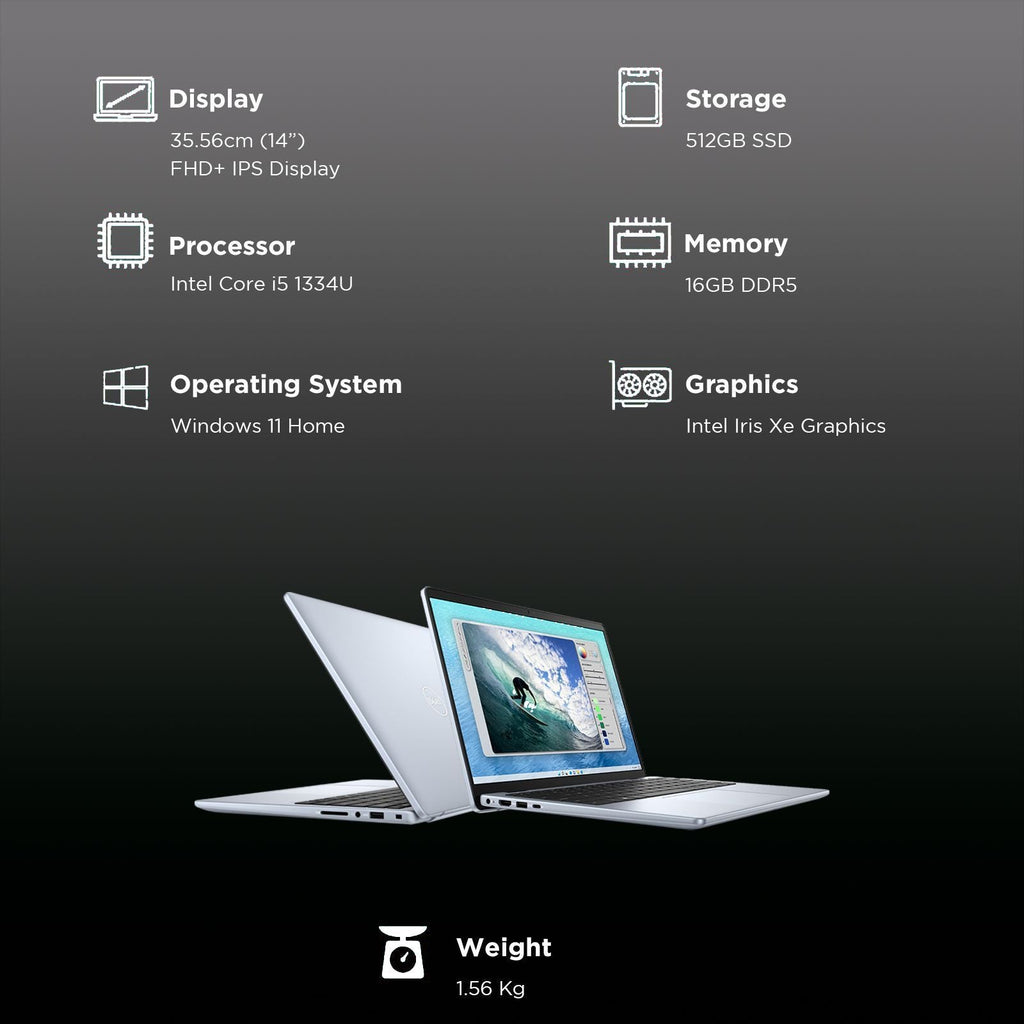 DELL Inspiron 14 5440 Intel Core i5 13th Gen Thin & Light Laptop (16GB, 512GB SSD, Windows 11, 14 inch Full HD IPS Display, MS Office 2021, Ice Blue, 1.54 KG)