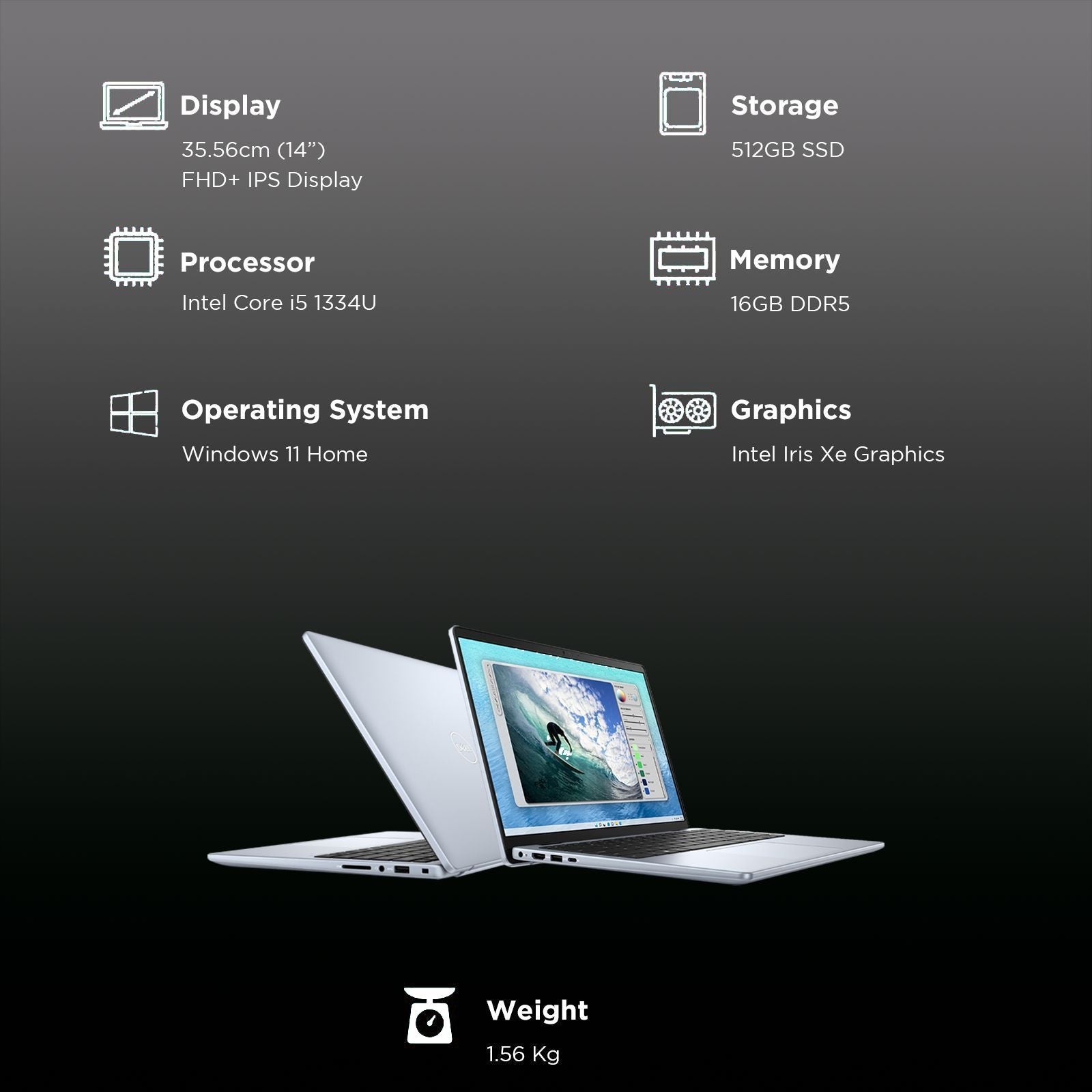 DELL Inspiron 14 5440 Intel Core i5 13th Gen Thin & Light Laptop (16GB, 512GB SSD, Windows 11, 14 inch Full HD IPS Display, MS Office 2021, Ice Blue, 1.54 KG)