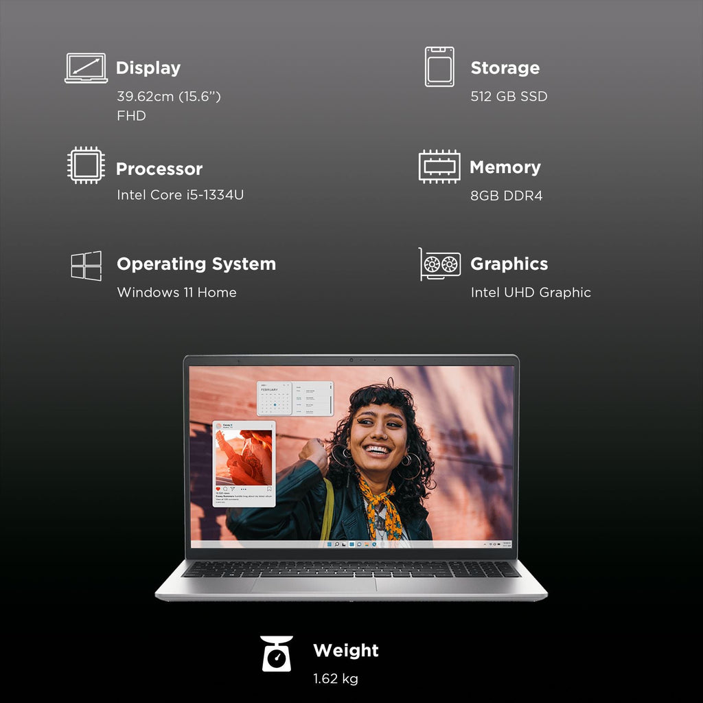 DELL Inspiron 15 Intel Core i5 13th Gen Thin & Light Laptop (8GB RAM, 512GB SSD, Windows 11 Home, 15.6 inch Full HD Display, MS Office Home, Platinum Silver, 1.62 KG)