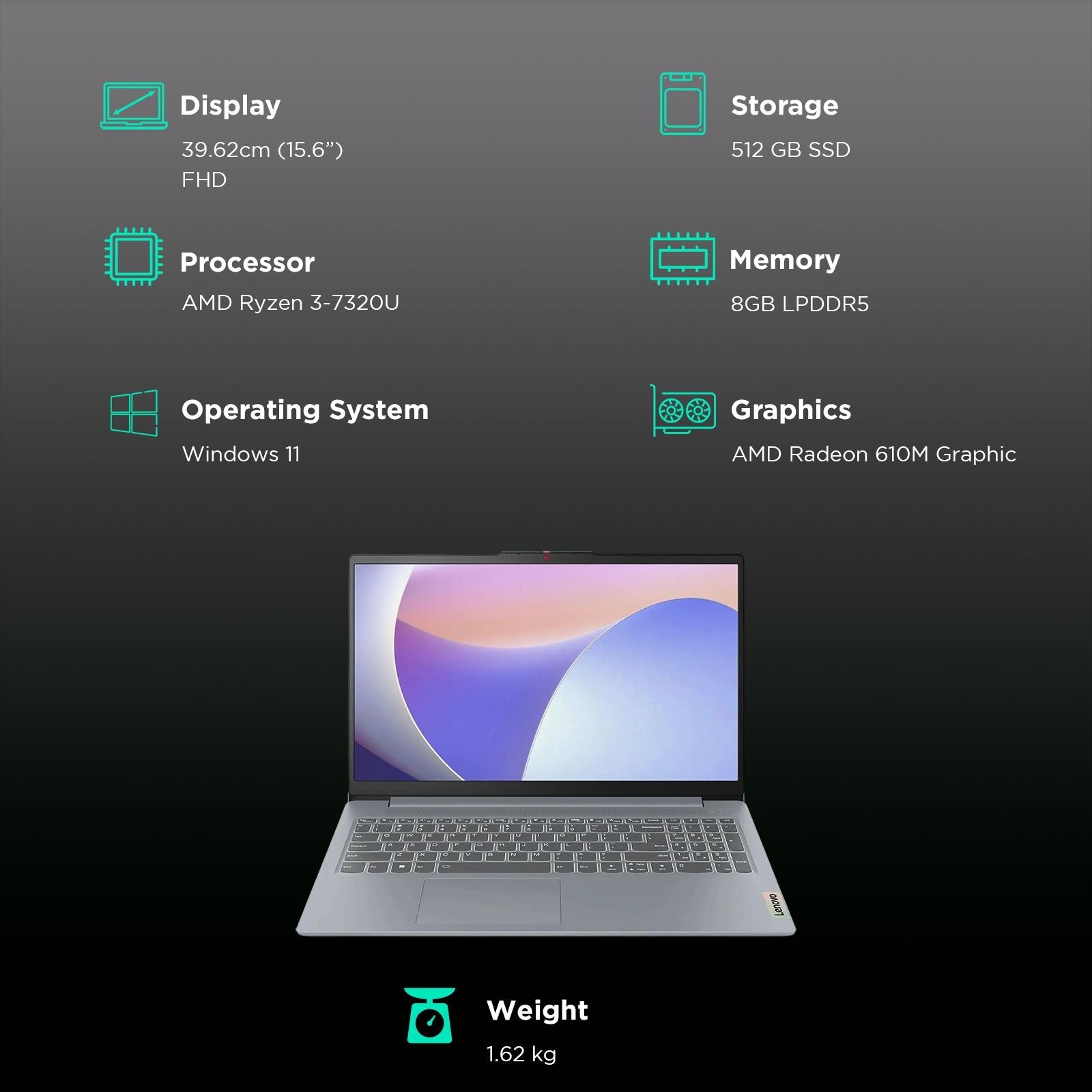 Lenovo IdeaPad Slim 3 15AMN8 AMD Ryzen 3 7320U Thin & Light Laptop (8GB, 512GB SSD, Windows 11 Home, 15.6 inch Full HD Display, MS Office 2024, Arctic Grey, 1.62 KG)