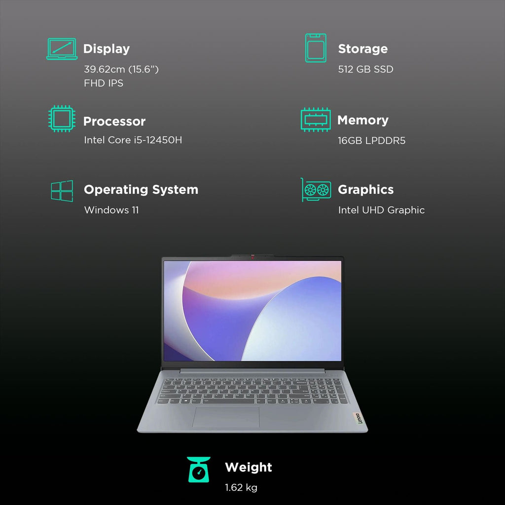 Lenovo IdeaPad Slim 3 15IAH8 Intel Core i5 12th Gen Thin & Light Laptop (16GB, 512GB SSD, Windows 11 Home, 15.6 inch Full HD IPS Display, MS Office 2024, Arctic Grey, 1.62 KG)