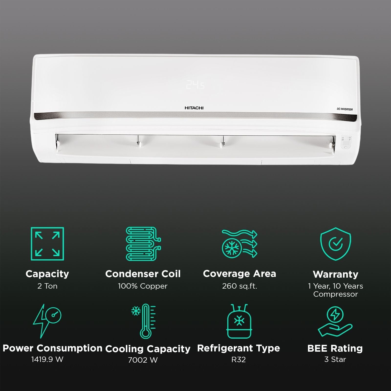 HITACHI iZen 3400SXL 2 Ton 3 Star Inverter Split AC with Anti Bacterial Super Fine Mesh Filter (Copper Condenser, RAS.G324PCCISS)