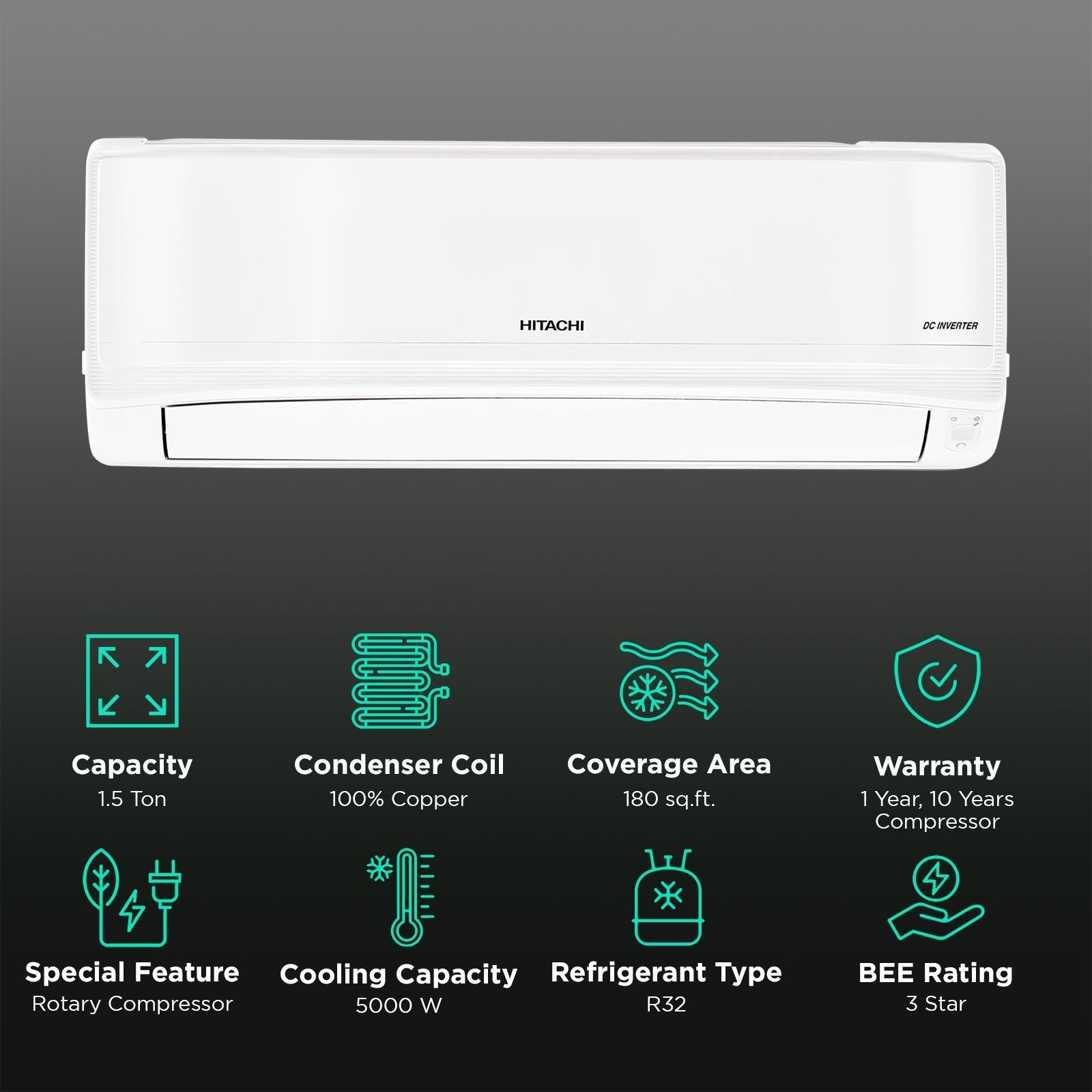 HITACHI iZen 3400SXL Convertible 1.5 Ton 3 Star Invertor Split AC with Anti Bacterial SuperFine Mesh Filter (Copper Condenser, RAS G318PCCISS1)