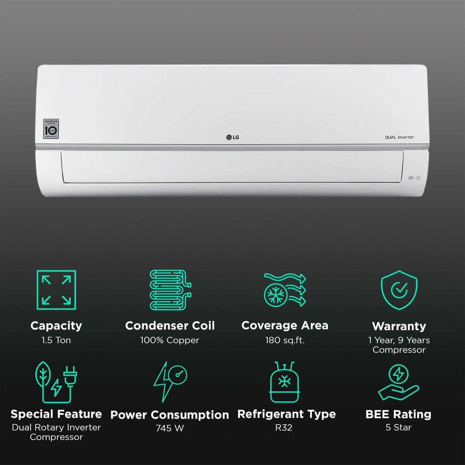LG 6 in 1 Convertible 1.5 Ton 5 Star Dual Inverter Split AC with 6 Step Fan Speed (2025 Model, Copper Condenser, US-Q19AWZE.ANLG)