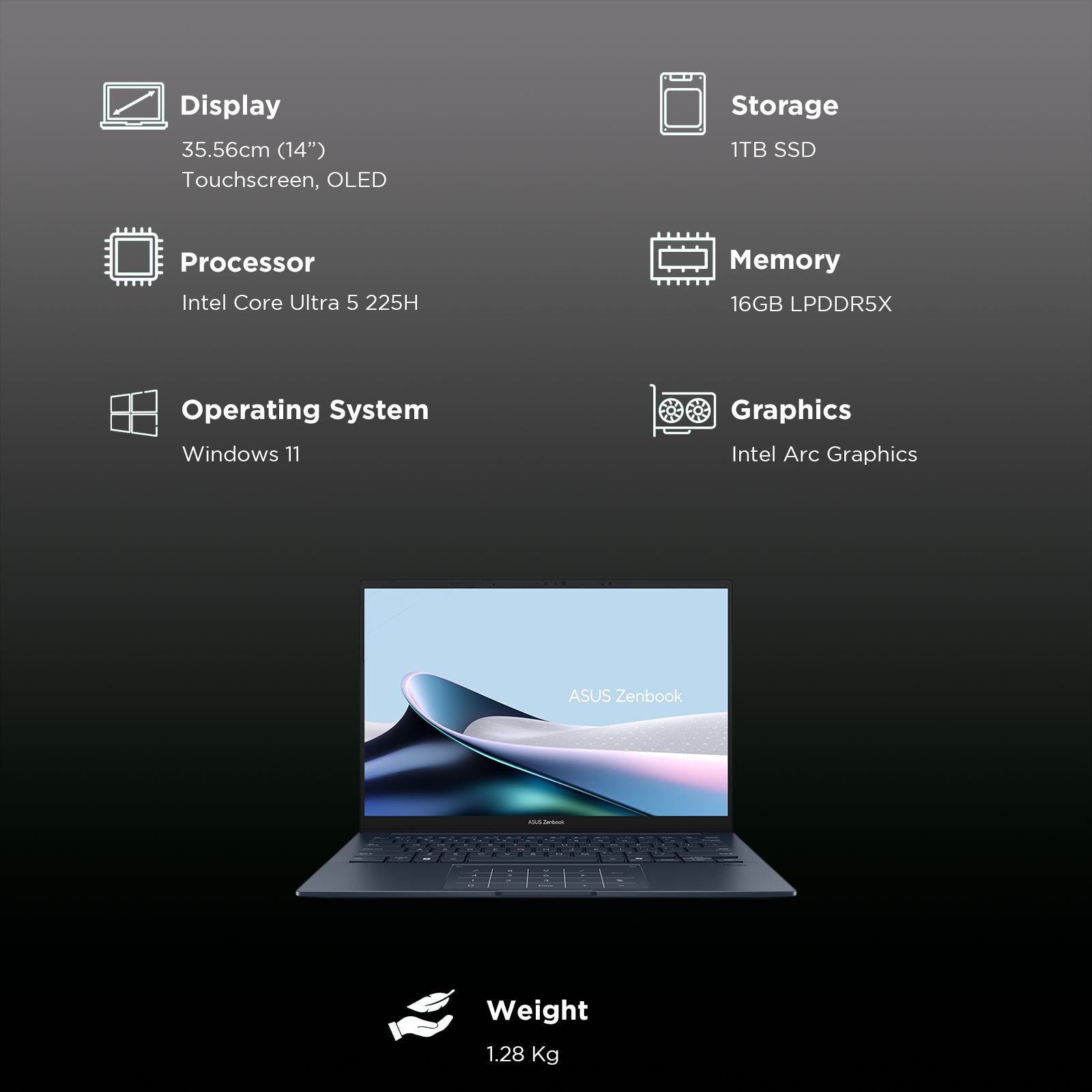 ASUS Zenbook 1 Intel Core Ultra 5 225H Touchscreen Notebook Laptop (16GB, 1TB SSD, Windows 11 Home, 14 inch OLED Display, MS Office 2024, Ponder Blue, 1.28 KG)