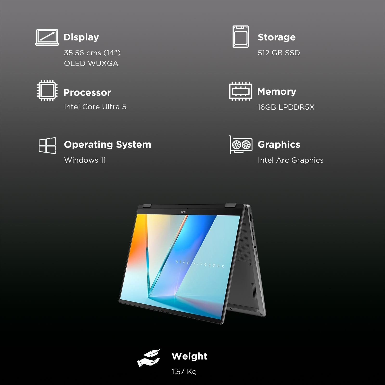 ASUS Vivobook 14 Flip Intel Core Ultra 5 Touchscreen 2-in-1 Laptop (16GB, 512GB SSD, Windows 11 Home, 14 inch OLED Display, MS Office Home 2024 & MS 365 Basic, Matte Gray, 1.57 KG)