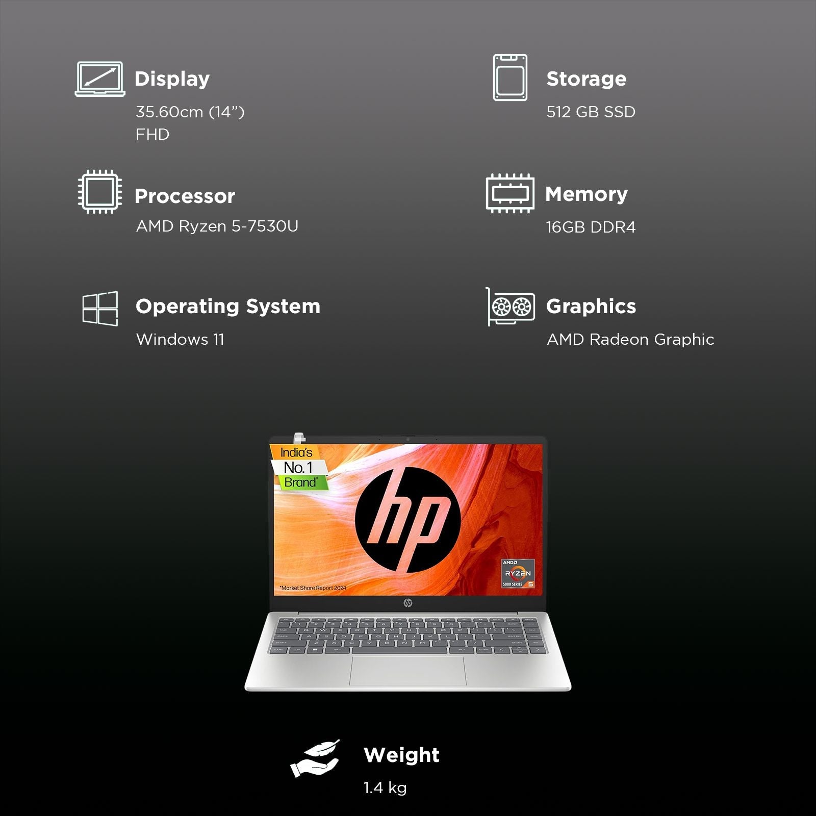 HP 14-em0214AU AMD Ryzen 5 Thin & Light Laptop (16GB, 512GB SSD, Windows 11 Home, 14 inch Full HD Display, Natural Silver, 1.4 KG)