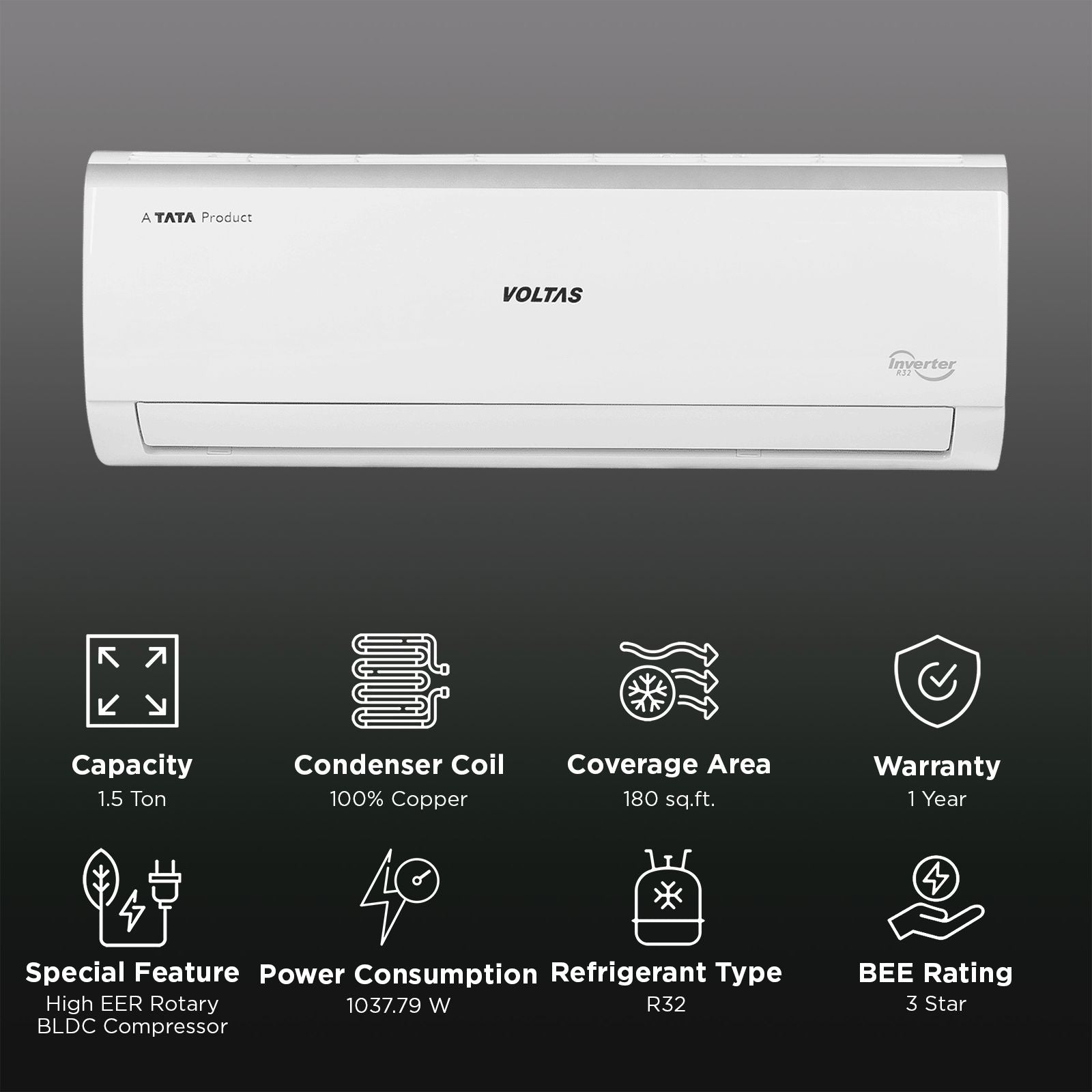 VOLTAS 183V Vertis Elite Marvel-1 Convertible 1.5 Ton 3 Star Inverter Split AC with Ice Wash Technology (2025 Model, Copper Condenser, 4503823)
