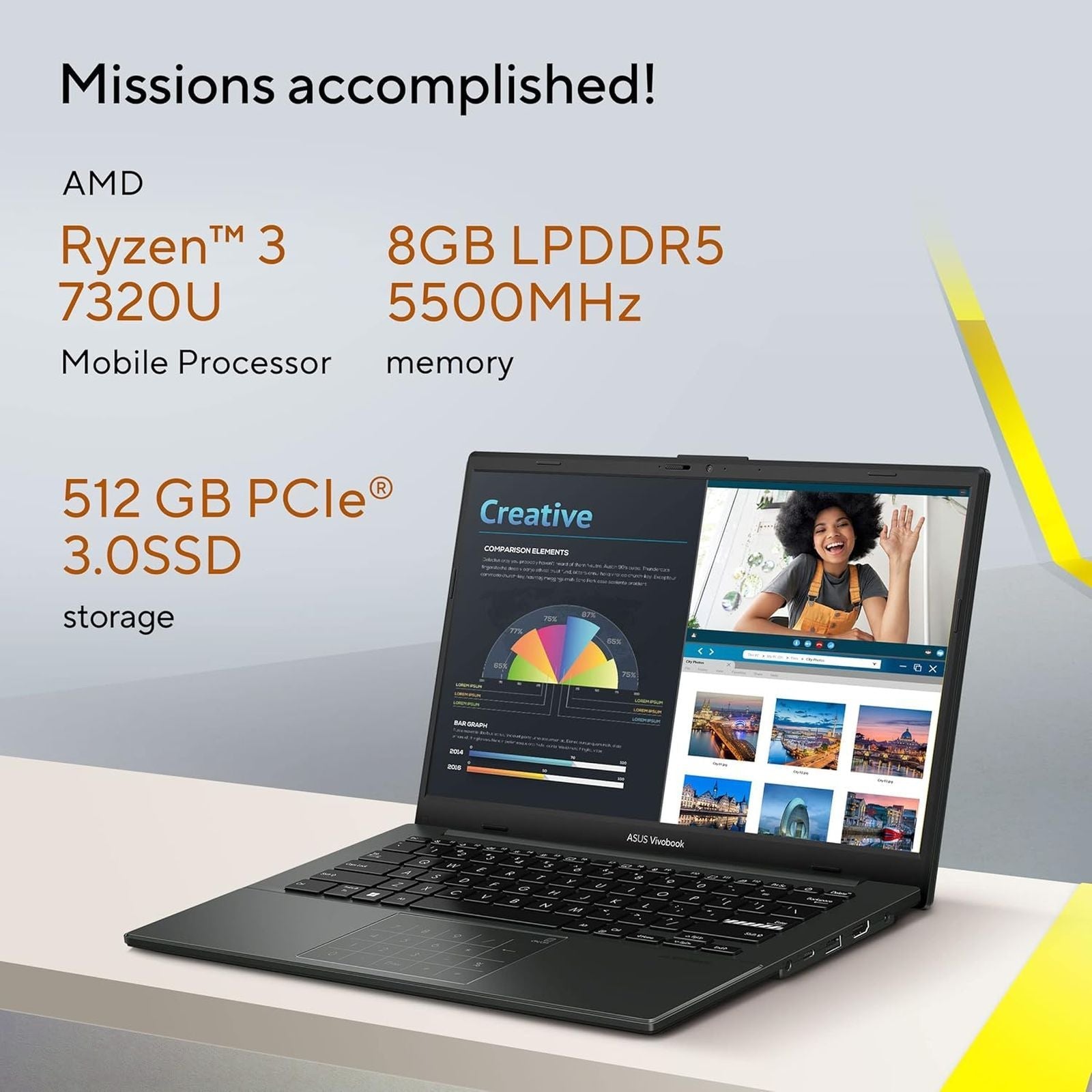 ASUS Vivobook Go 14 AMD Ryzen 3 7320U Thin & Light Laptop (8GB, 512GB SSD, Windows 11 Home, 14 inch Full HD Display, MS Office Home 2024, Mixed Black, 1.38 KG)
