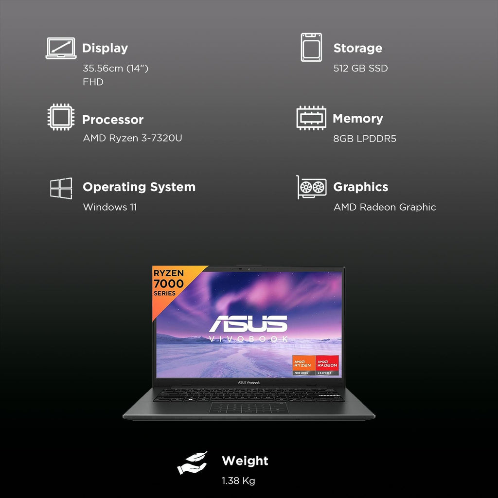 ASUS Vivobook Go 14 AMD Ryzen 3 7320U Thin & Light Laptop (8GB, 512GB SSD, Windows 11 Home, 14 inch Full HD Display, MS Office Home 2024, Mixed Black, 1.38 KG)