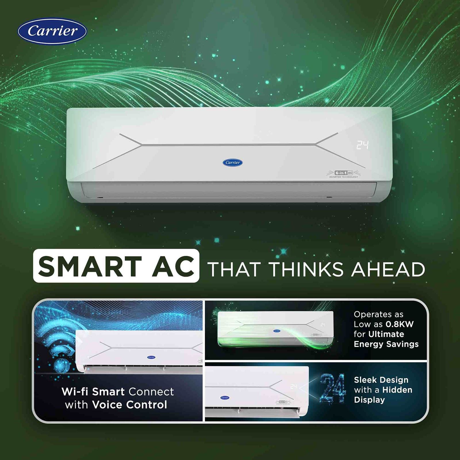 Carrier ESTER EDGE FXi 6 in 1 Convertible 1 Ton 3 Star Inverter Split Smart AC with Wi-Fi Supported (Copper Condenser, CAI12EE3R35W0)