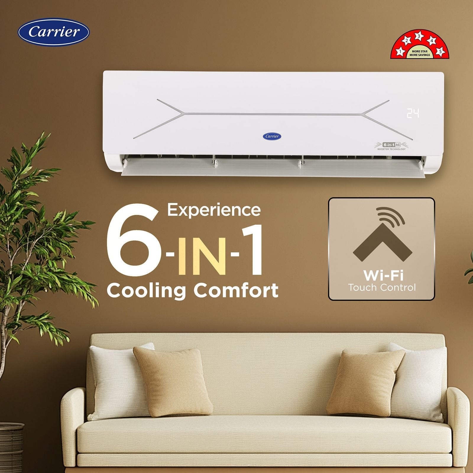 Carrier ESTER EDGE FXi 6 in 1 Convertible 1.5 Ton 5 Star Inverter Split Smart AC with Wi-Fi Supported (Copper Condenser, CAI19EE5R35W0)