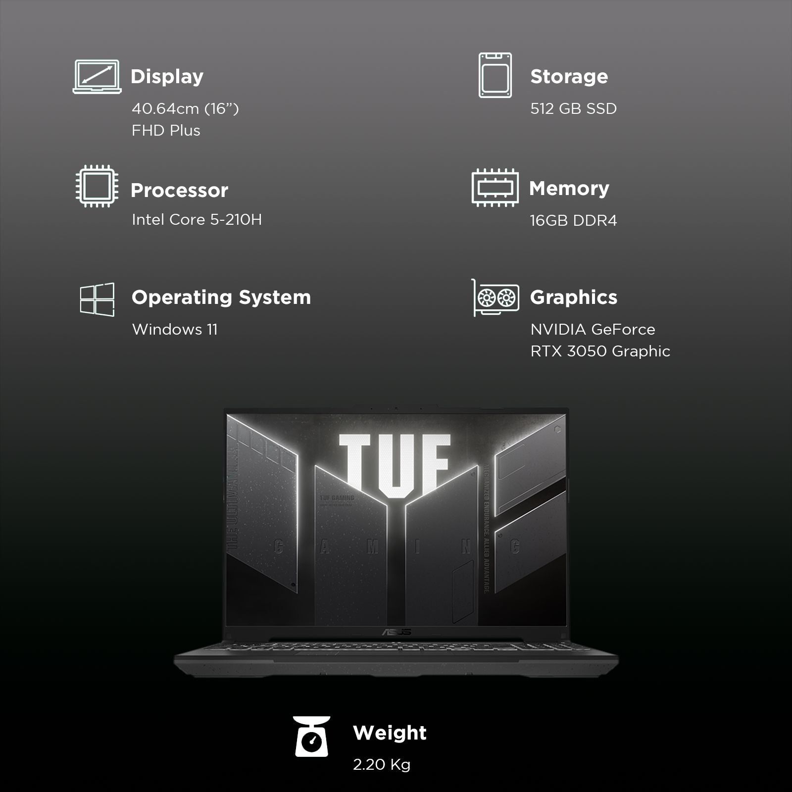 ASUS TUF F16 Intel Core 5 210H Gaming Laptop (16GB, 512GB SSD, Windows 11 Home, 4GB Graphics, 16 inch 144 Hz Full HD Plus Display, NVIDIA GeForce RTX 3050A, Mecha Gray, 2.2 KG)