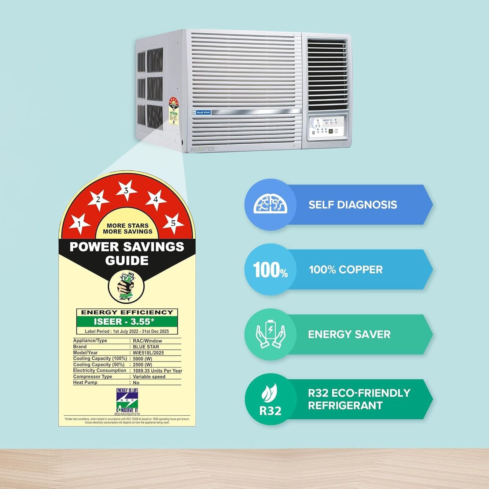 Blue Star L SERIES 1.5 Ton 5 Star Inverter Window AC (2025 Model, Copper Condenser, Dust Filters, WIE518L)