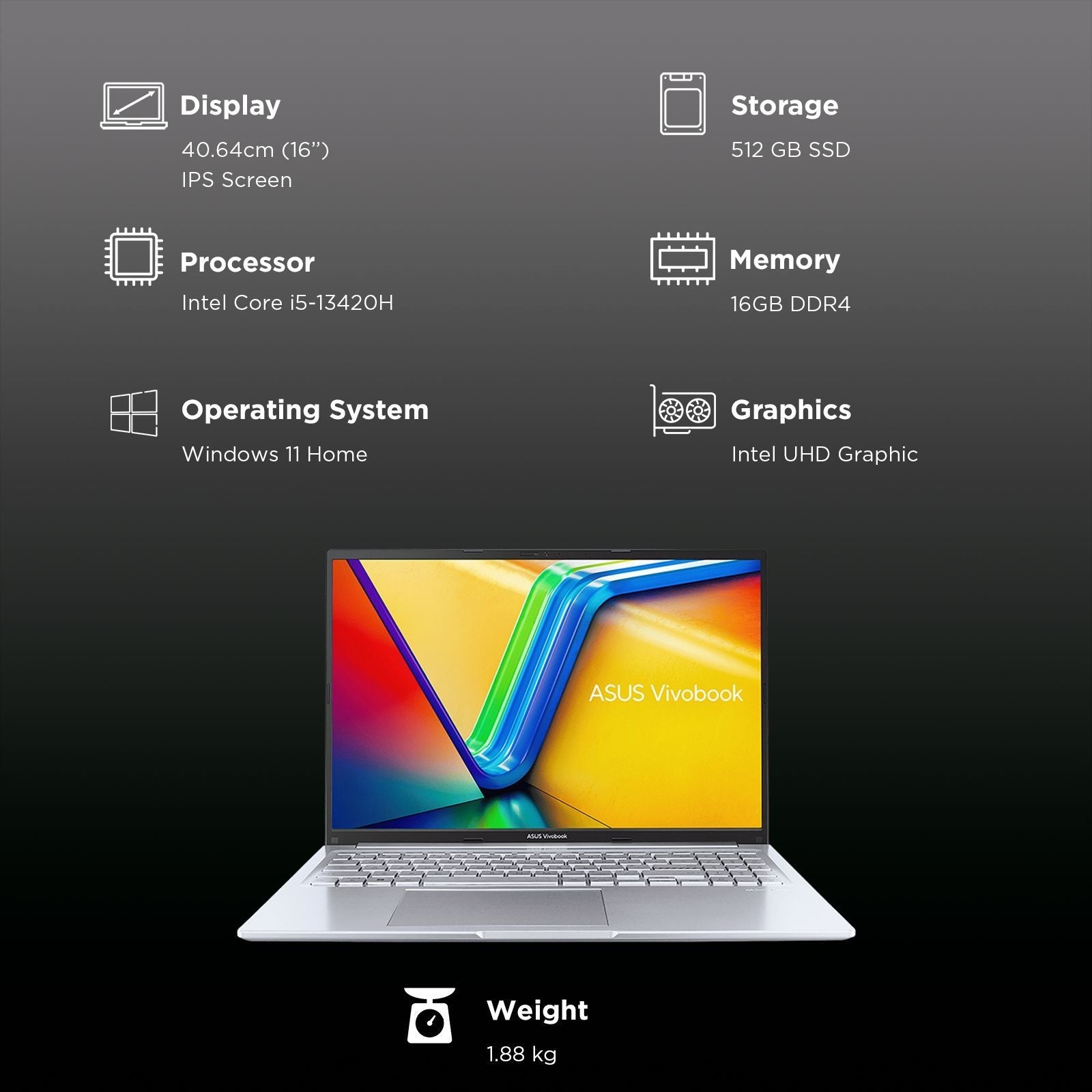 ASUS Vivobook 16 X1605VA-MB1627WS Intel Core i5 13th Gen Thin & Light Laptop (16GB, 512GB SSD, Windows 11 Home, 16 inch WUXGA IPS Display, MS Office 2024, Cool Silver, 1.88 KG)