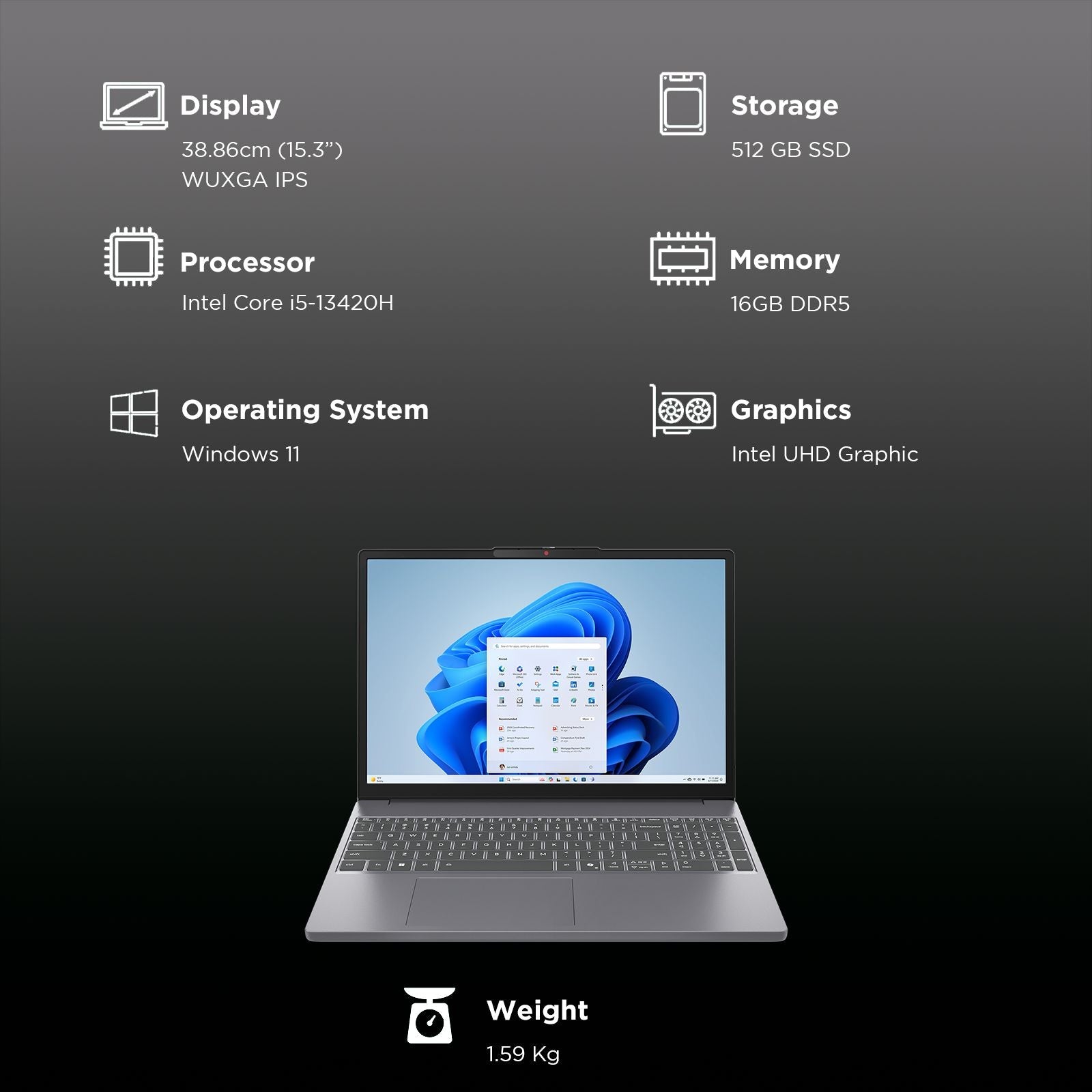 Lenovo IdeaPad Slim 3 15IRH10 Intel Core i5 13th Gen Thin & Light Laptop (16GB, 512GB SSD, Windows 11 Home, 15.3 inch WUXGA IPS Display, MS Office 2024, Luna Grey, 1.59 KG)