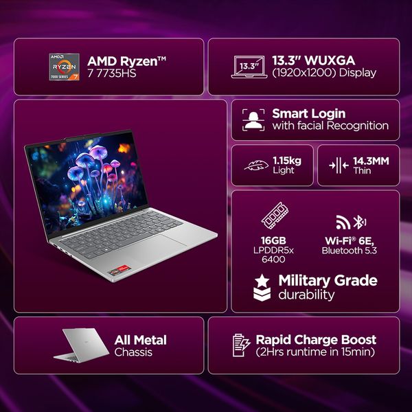 Lenovo IdeaPad Slim 5 13ARP10 AMD Ryzen 7 Thin & Light Laptop (16GB, 512GB SSD, Windows 11 Home, 13.3 inch WUXGA IPS Display, MS Office Home 2024, Cloud Grey, 1.15 KG)