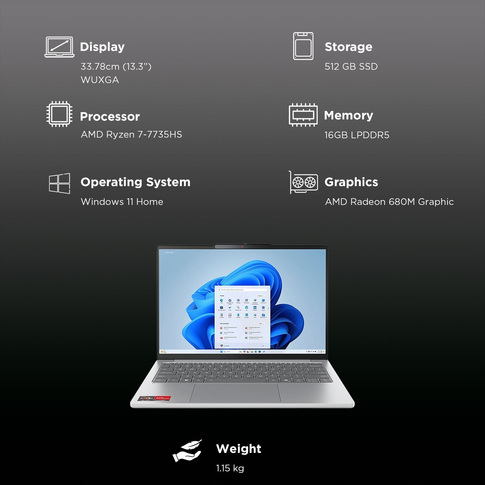 Lenovo IdeaPad Slim 5 13ARP10 AMD Ryzen 7 Thin & Light Laptop (16GB, 512GB SSD, Windows 11 Home, 13.3 inch WUXGA IPS Display, MS Office Home 2024, Cloud Grey, 1.15 KG)