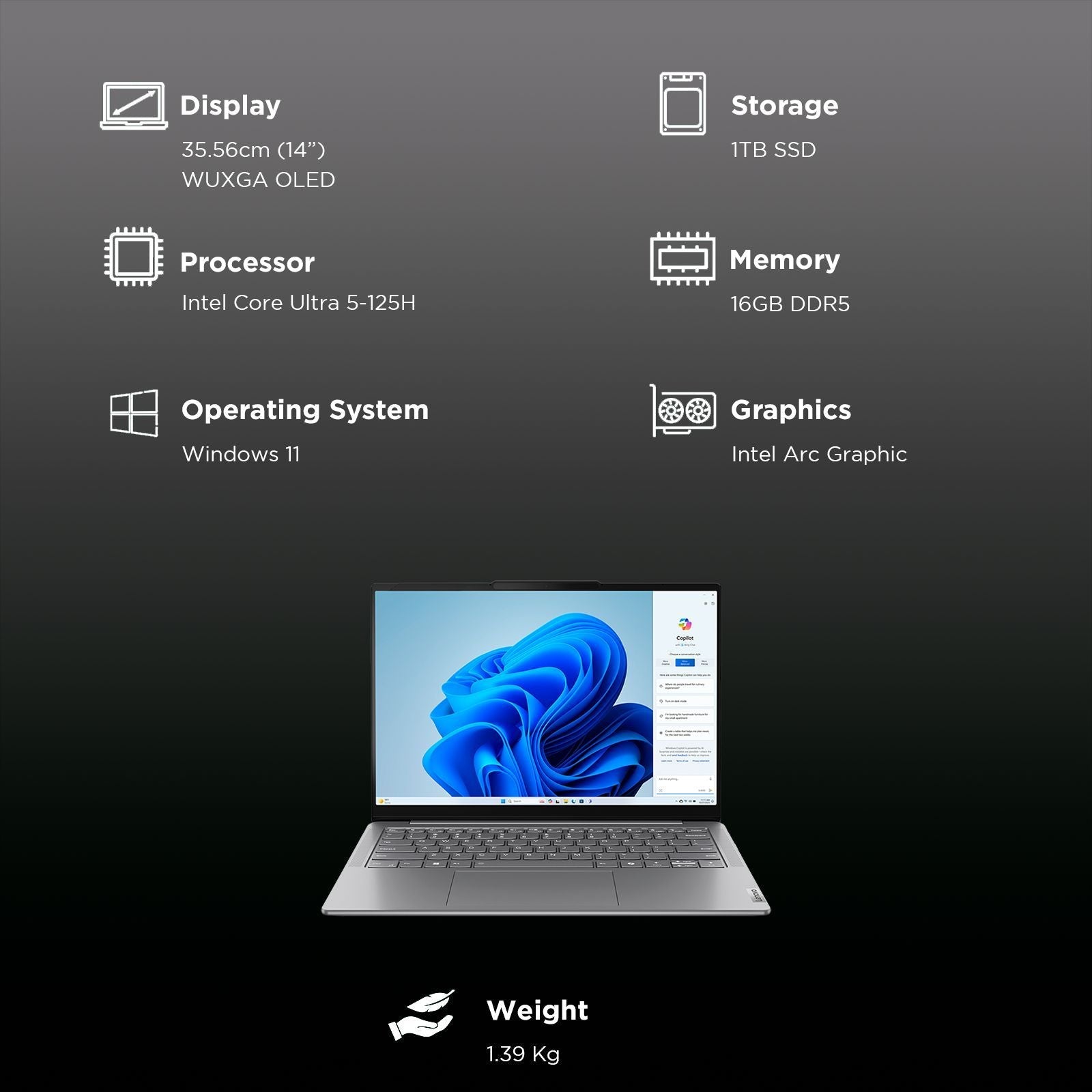 Lenovo Yoga Slim 7 14IMH9 Intel Core Ultra 5 Laptop (16GB, 1TB SSD, Windows 11 Home, 14 inch WUXGA OLED Display, MS Office 2024, Luna Grey, 1.39 KG)