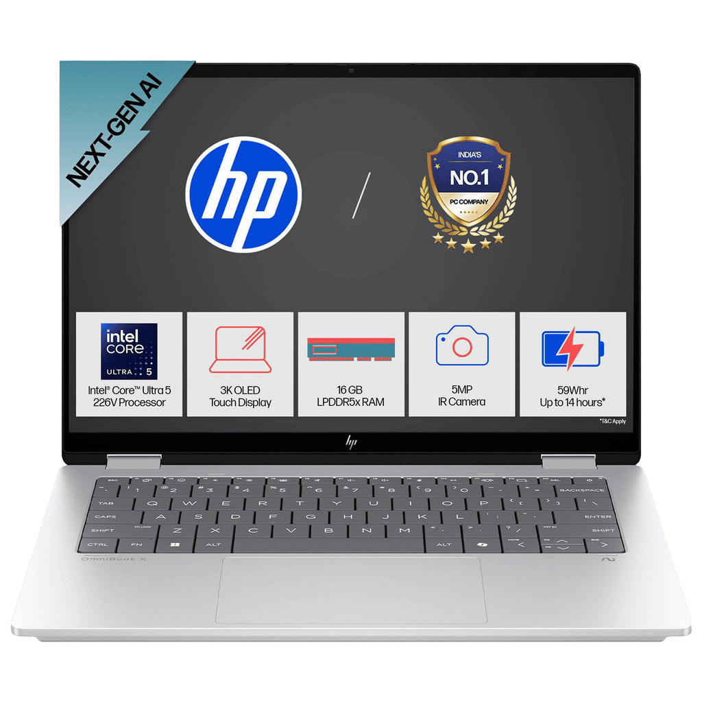 HP OmniBook X Flip 14-fm0058TU Intel Core Ultra 5 Touchscreen Thin & Light Laptop (16GB, 512GB SSD, Windows 11 Home, 14 inch 3K OLED Display, MS Office Home 2024, Glacier Silver, 1.38 KG)