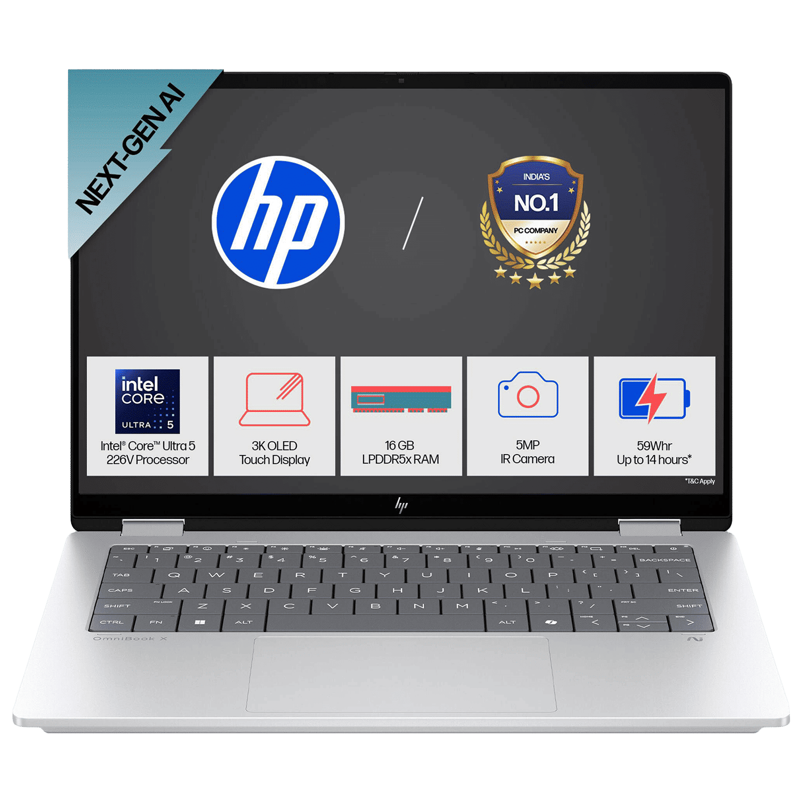 HP OmniBook X Flip 14-fm0058TU Intel Core Ultra 5 Touchscreen Thin & Light Laptop (16GB, 512GB SSD, Windows 11 Home, 14 inch 3K OLED Display, MS Office Home 2024, Glacier Silver, 1.38 KG)