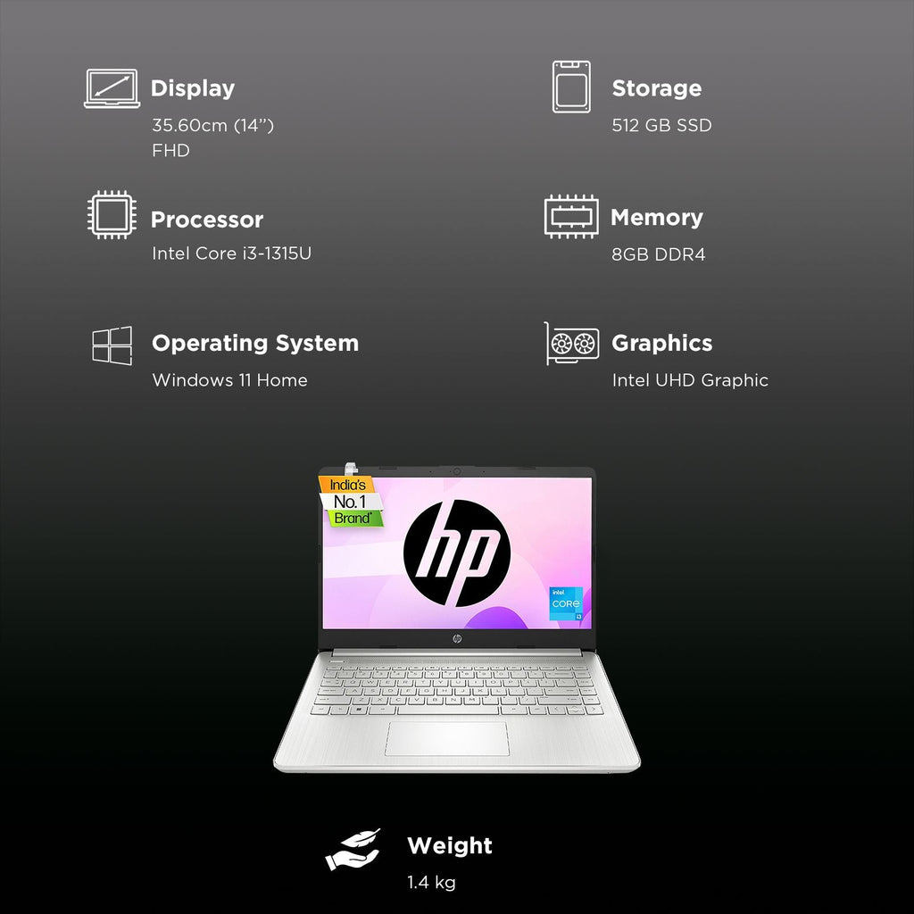 HP 14-ep0294TU Intel Core i3 13th Gen Laptop (8GB, 512GB SSD, Windows 11 Home, 14 inch Full HD Display, MS Office 2024, Natural Silver, 1.4 KG)