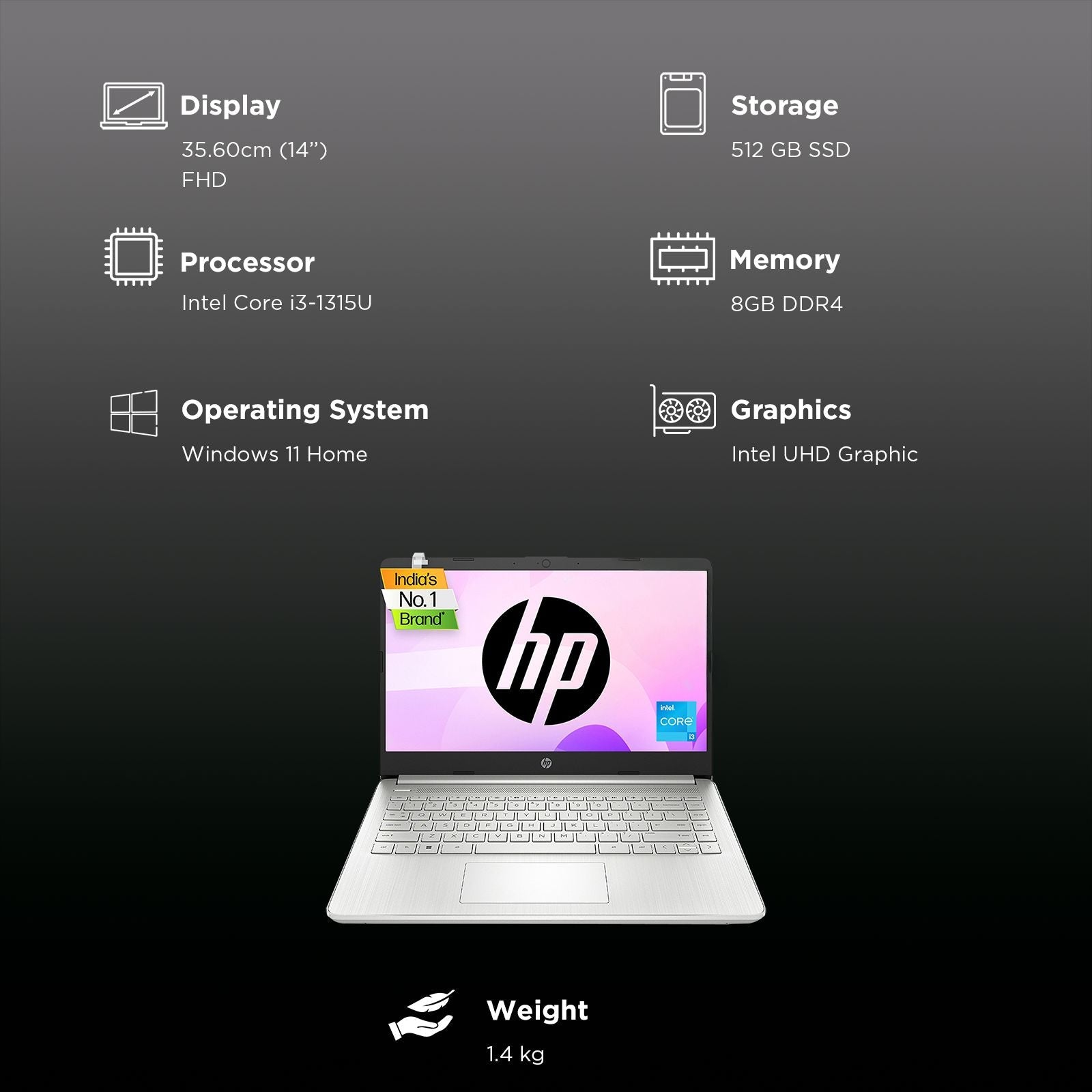 HP 14-ep0294TU Intel Core i3 13th Gen Laptop (8GB, 512GB SSD, Windows 11 Home, 14 inch Full HD Display, MS Office 2024, Natural Silver, 1.4 KG)
