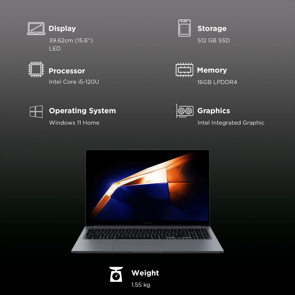 SAMSUNG Galaxy Book4 Intel Core 5 Thin & Light Laptop (16GB, 512GB SSD, Windows 11 Home, 15.6 inch Full HD LED Display, MS Office 2024, Gray, 1.55 KG)
