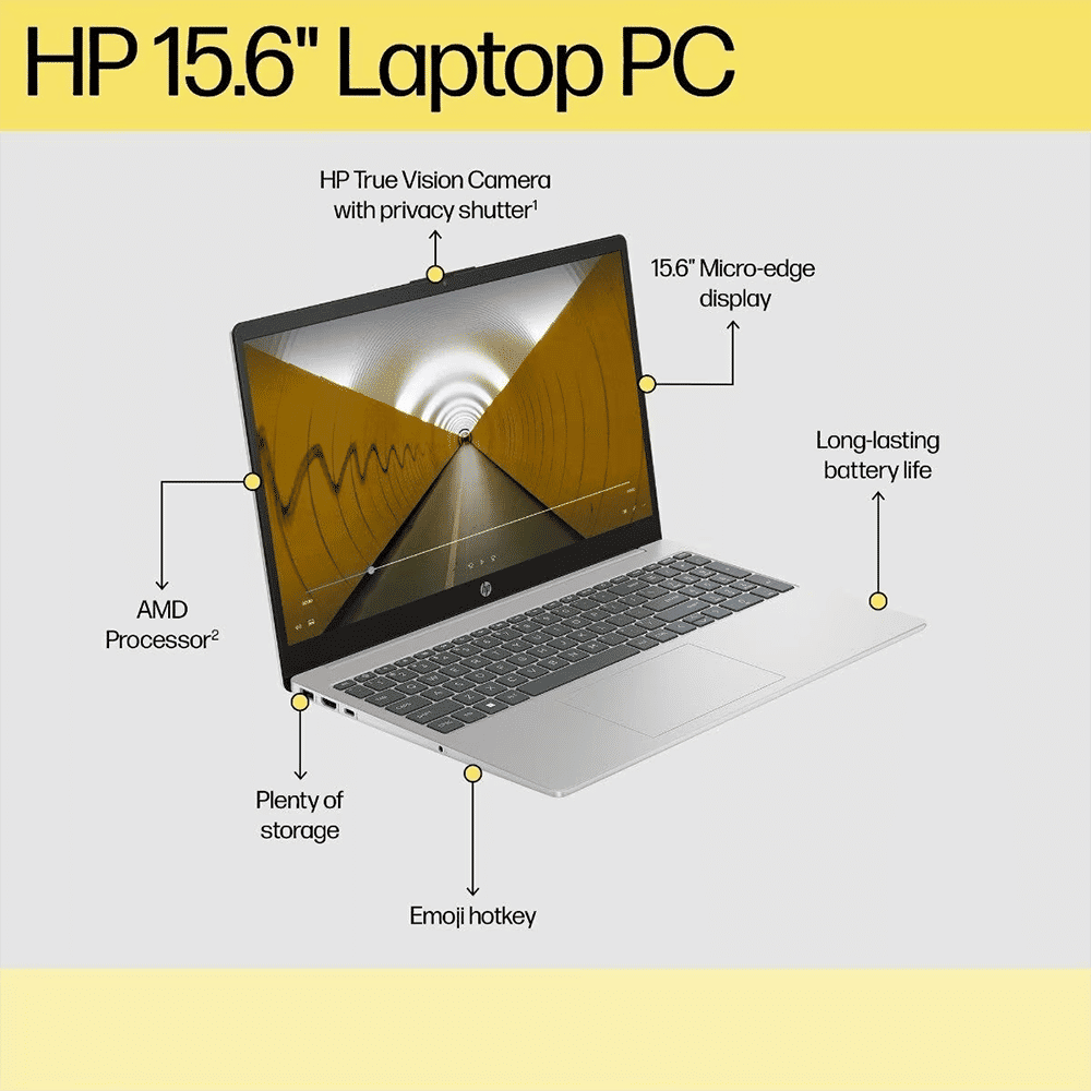 HP 15-fc0154AU AMD Ryzen 3 Thin & Light Laptop (8GB, 512GB SSD, Windows 11 Home, 15.6 inch Full HD Display, MS Office Home, Natural Silver, 1.59 KG)