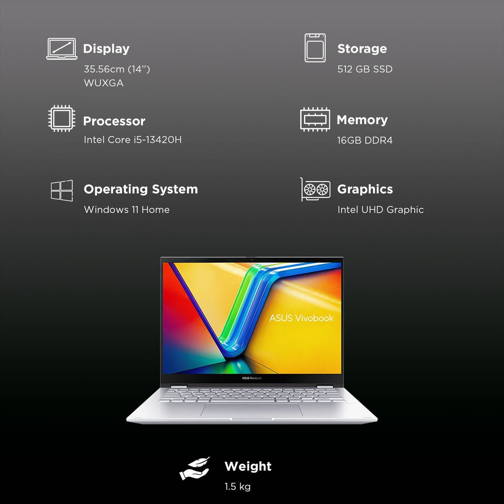 ASUS Vivobook S14 Flip TP3402VAO-LZ612WS Intel Core i5 13th Gen Touchscreen 2-in-1 Laptop (16GB, 512GB SSD, Windows 11 Home, 14 inch WUXGA IPS Display, MS Office Home 2024, Cool Silver, 1.50 KG)