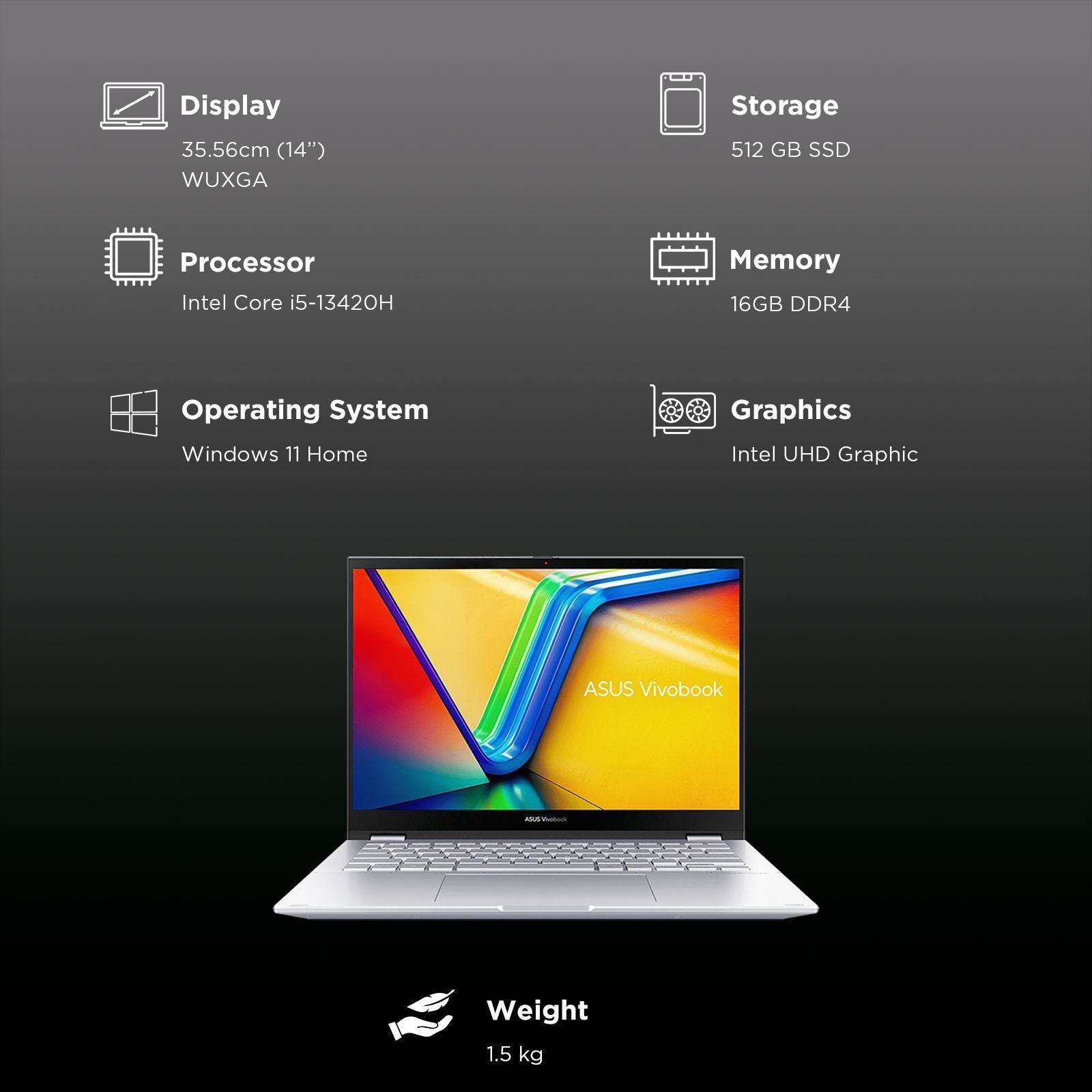 ASUS Vivobook S14 Flip TP3402VAO-LZ612WS Intel Core i5 13th Gen Touchscreen 2-in-1 Laptop (16GB, 512GB SSD, Windows 11 Home, 14 inch WUXGA IPS Display, MS Office Home 2024, Cool Silver, 1.50 KG)