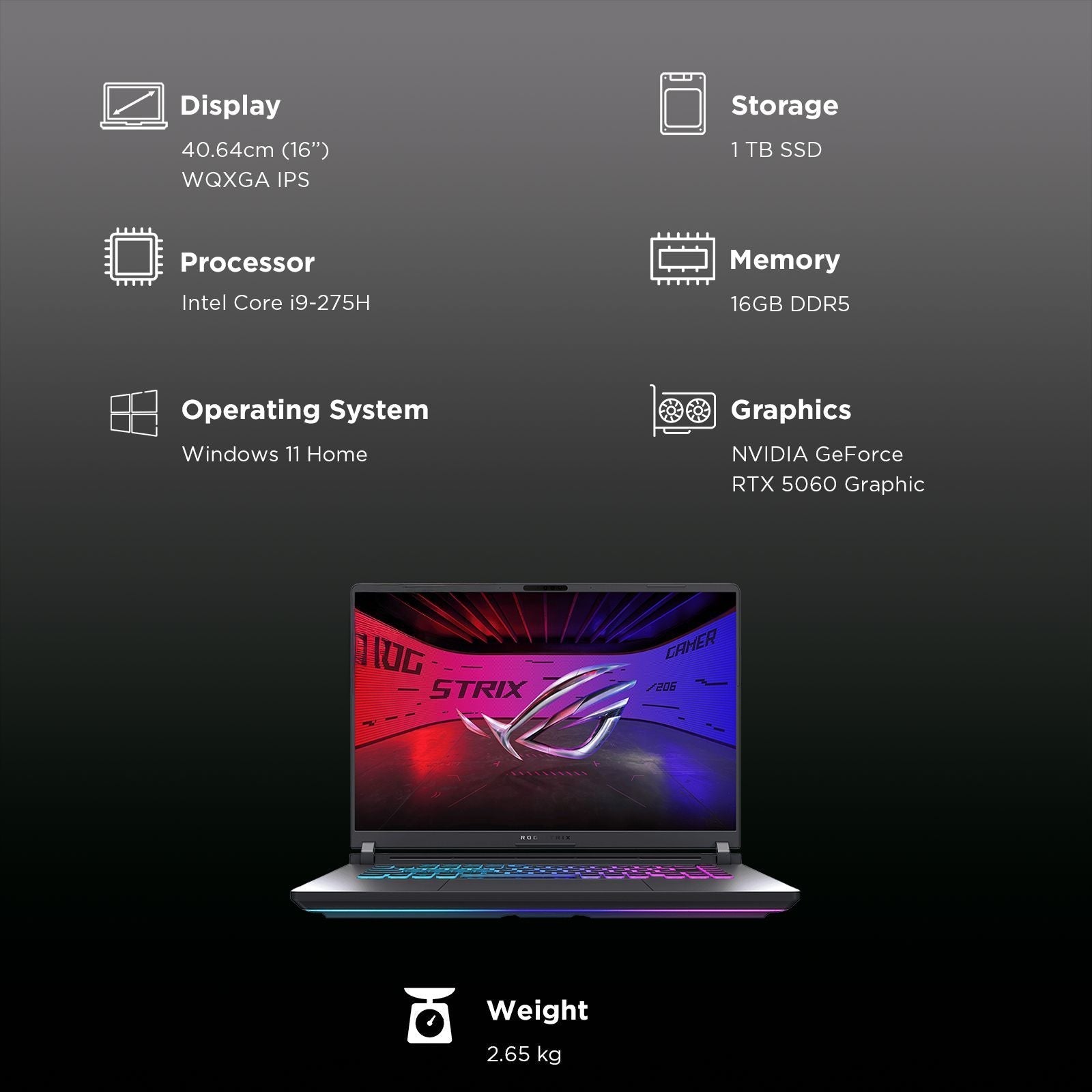 ASUS ROG Strix G16 G615LM-S5128WS Intel Core Ultra 9 Gaming Laptop (16GB, 1TB SSD, Windows 11 Home, 8GB Graphics, 16 inch 240 Hz 2.5K WQXGA IPS Display, NVIDIA GeForce RTX 5060, MS Office Home 2024, Eclipse Gray, 2.65 KG)