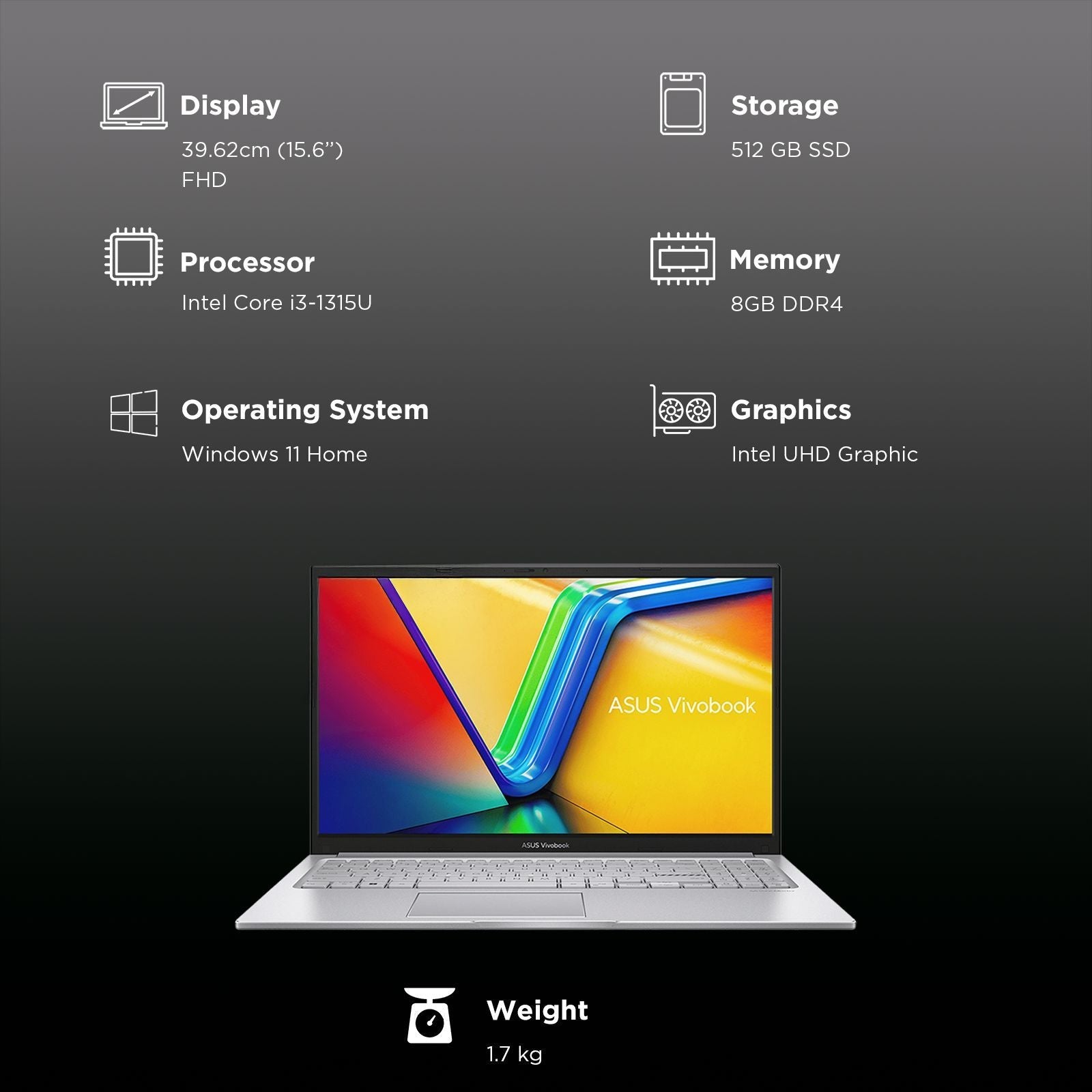 ASUS Vivobook 15 X1504VA-NJ3320WS Intel Core i3 13th Gen Thin & Light Laptop (8GB, 512GB SSD, Windows 11 Home, 15.6 inch Full HD Display, MS Office Home 2024, Cool Silver, 1.70 KG)