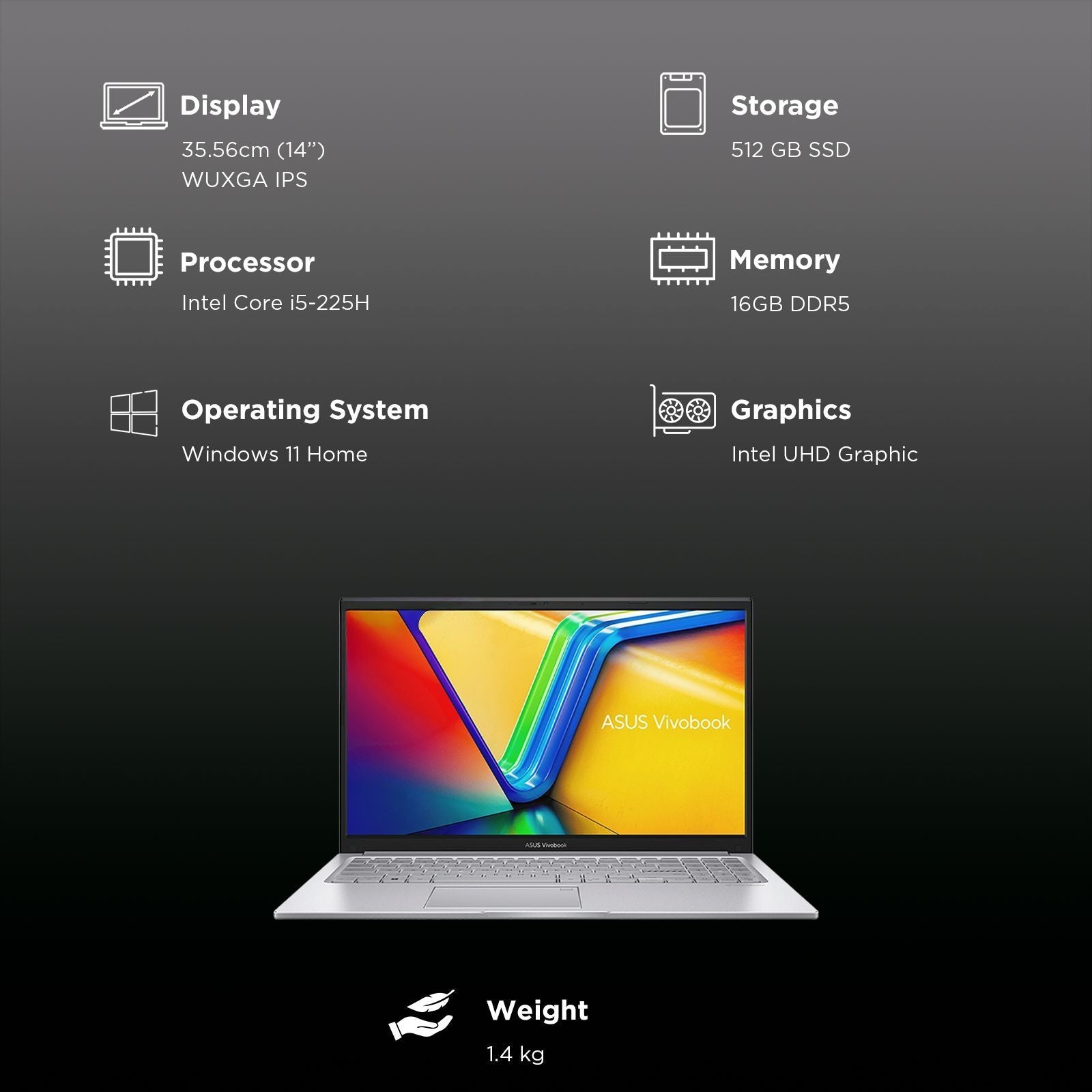 ASUS Vivobook S14 S3407CA-LY060WS Intel Core Ultra 5 Thin & Light Laptop (16GB, 512GB SSD, Windows 11, 14 inch WUXGA IPS Display, MS Office 2024, Cool Silver, 1.40 KG)