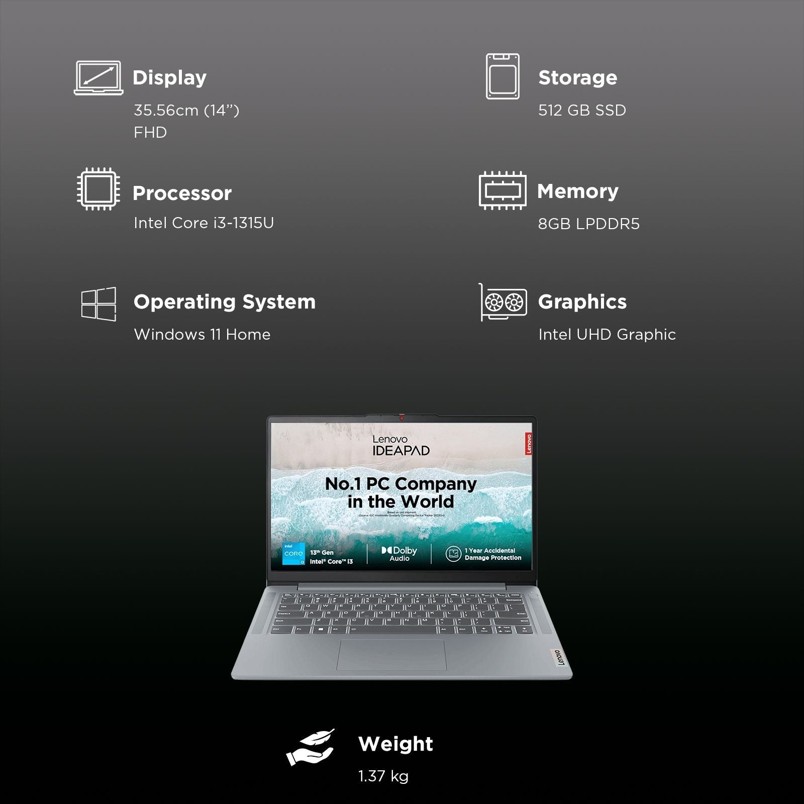 Lenovo IdeaPad Slim 3 14IRU8 Intel Core i3 13th Gen Thin & Light Laptop (8GB, 512GB SSD, Windows 11 Home, 14 inch Full HD Display, MS Office Home 2024, Arctic Grey, 1.37 KG)