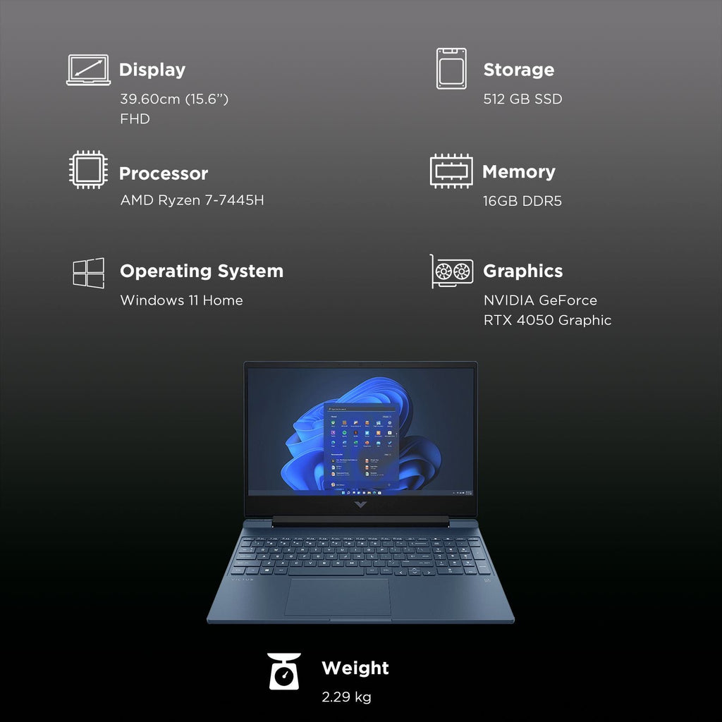 HP Victus 15-fb3124AX AMD Ryzen 7 Gaming Laptop (16GB, 512GB SSD, Windows 11 Home, 6GB Graphics, 15.6 inch 144 Hz Full HD Display, NVIDIA GeForce RTX 4050, MS Office Home 2024, Performance Blue, 2.29 KG)