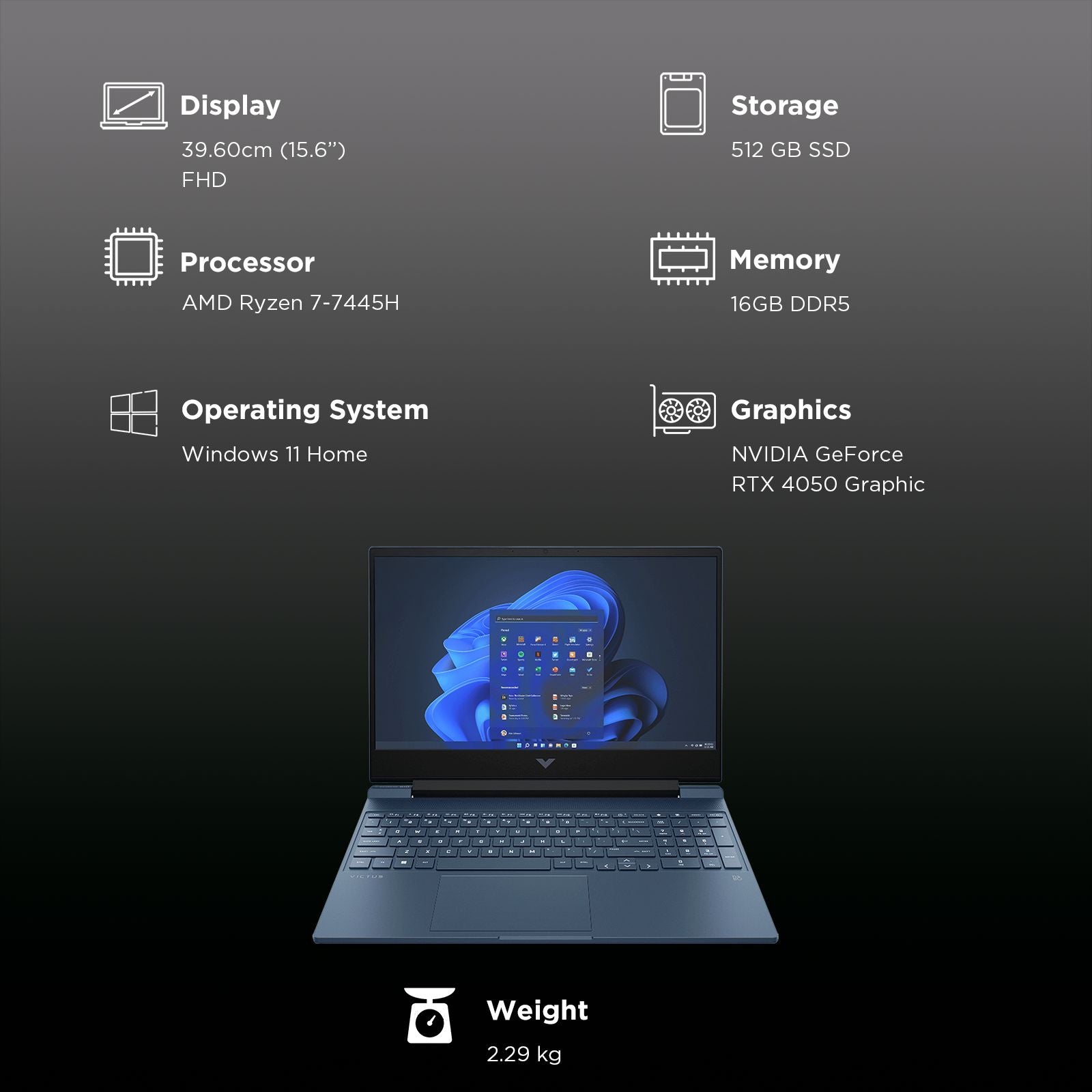 HP Victus 15-fb3124AX AMD Ryzen 7 Gaming Laptop (16GB, 512GB SSD, Windows 11 Home, 6GB Graphics, 15.6 inch 144 Hz Full HD Display, NVIDIA GeForce RTX 4050, MS Office Home 2024, Performance Blue, 2.29 KG)