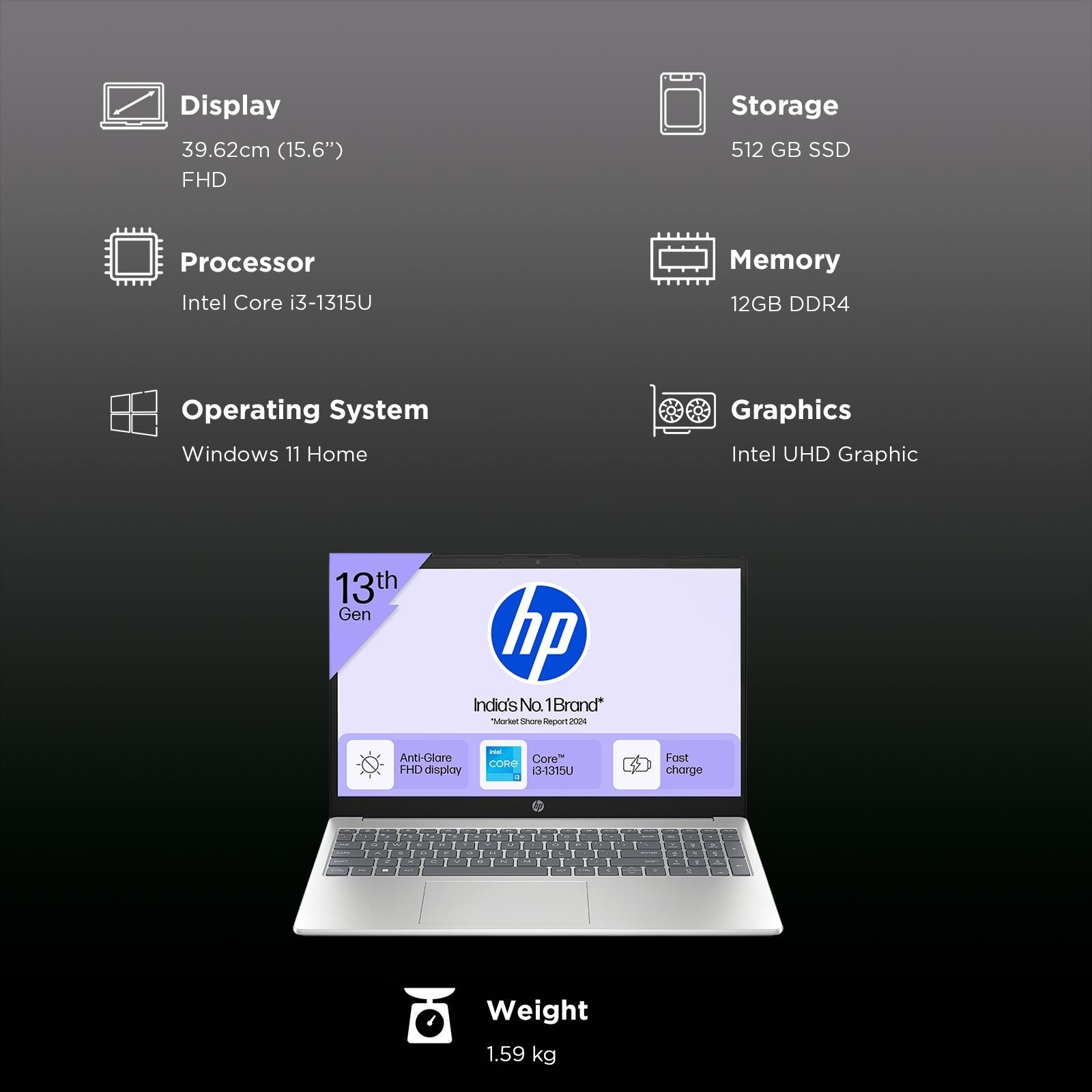 HP 15-fd0691TU Thin & Light Laptop (12GB RAM, 512GB SSD, Windows 11 Home, 15.6 inch Full HD Display, Natural Silver, 1.59 KG)