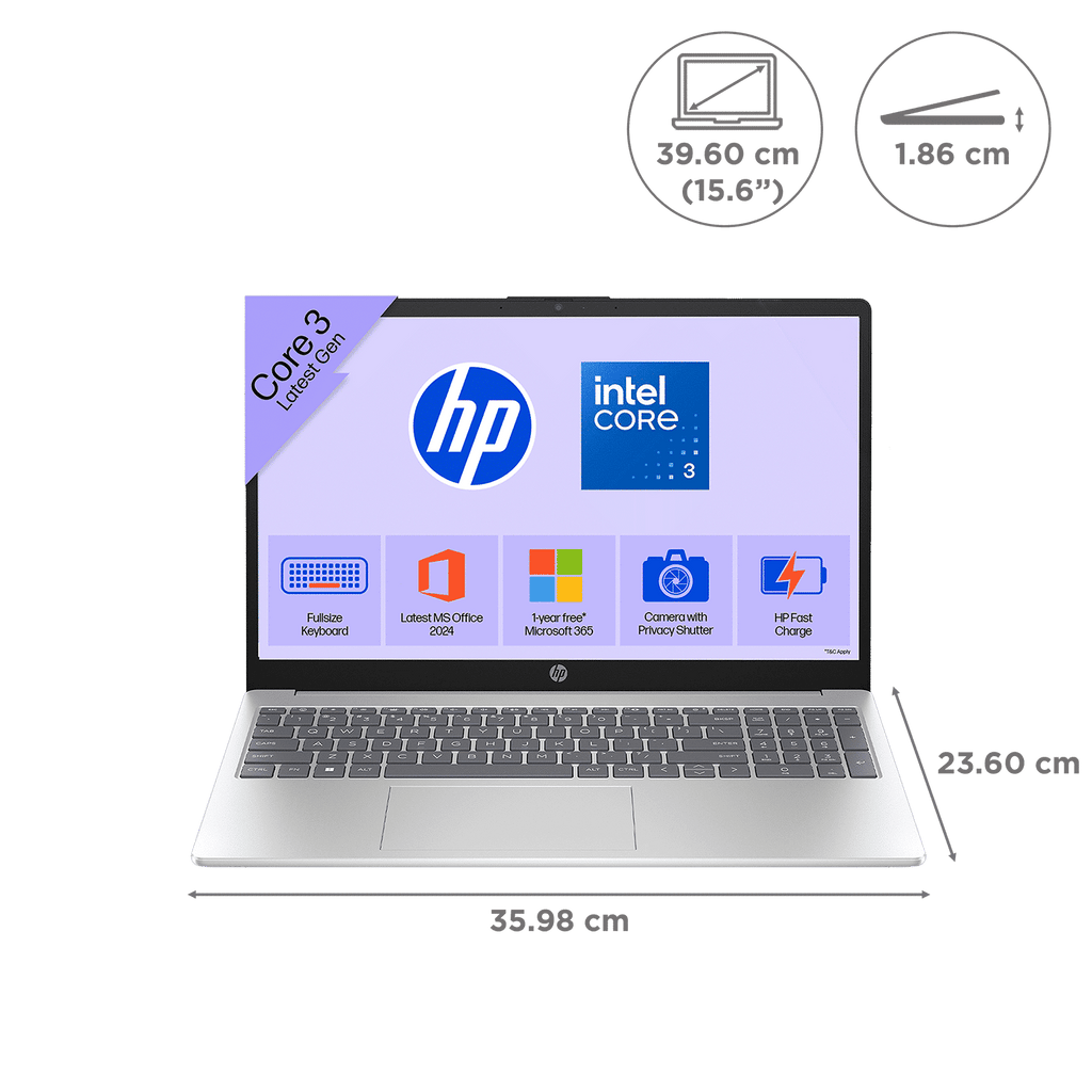 HP 15-fd1284TU Intel Core 3 Thin & Light Laptop (16GB, 512GB SSD, Windows 11 Home, 15.6 inch Full HD Display, Natural Silver, 1.65 KG)