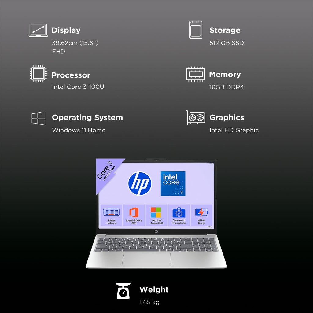 HP 15-fd1284TU Intel Core 3 Thin & Light Laptop (16GB, 512GB SSD, Windows 11 Home, 15.6 inch Full HD Display, Natural Silver, 1.65 KG)