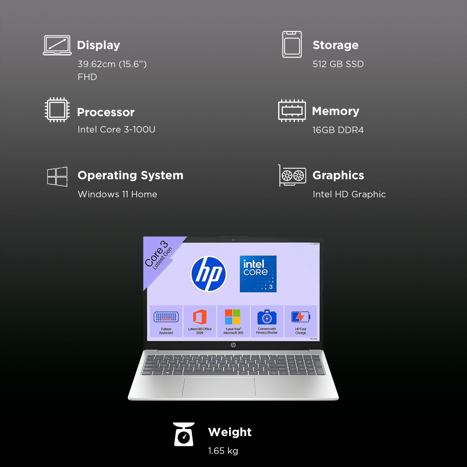 HP 15-fd1284TU Intel Core 3 Thin & Light Laptop (16GB, 512GB SSD, Windows 11 Home, 15.6 inch Full HD Display, Natural Silver, 1.65 KG)