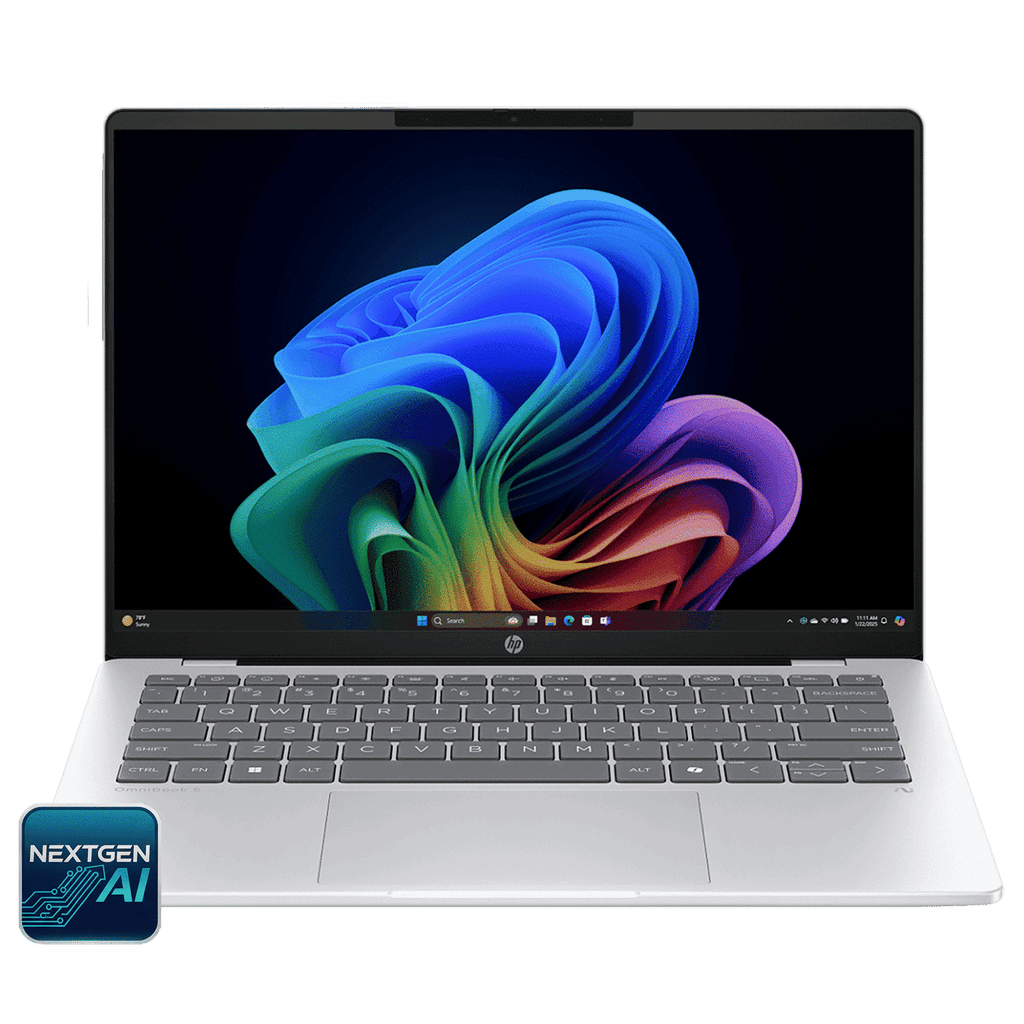 HP OmniBook 5 14-he0015QU Qualcomm Snapdragon X Thing & Light Laptop (16GB, 1TB SSD, Windows 11 Home, 14 inch 2K OLED Display, MS Office Home 2024, Glacier Silver, 1.35 KG)