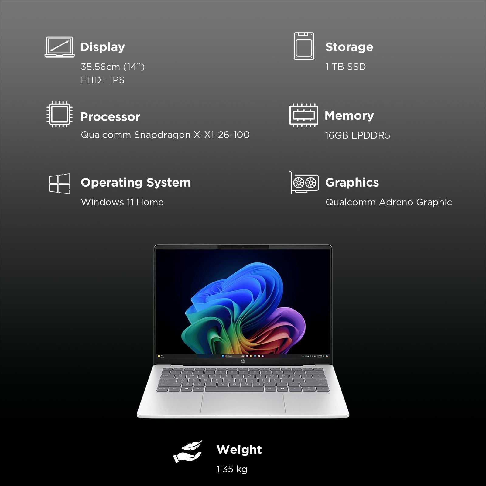 HP OmniBook 5 14-he0015QU Qualcomm Snapdragon X Thing & Light Laptop (16GB, 1TB SSD, Windows 11 Home, 14 inch 2K OLED Display, MS Office Home 2024, Glacier Silver, 1.35 KG)