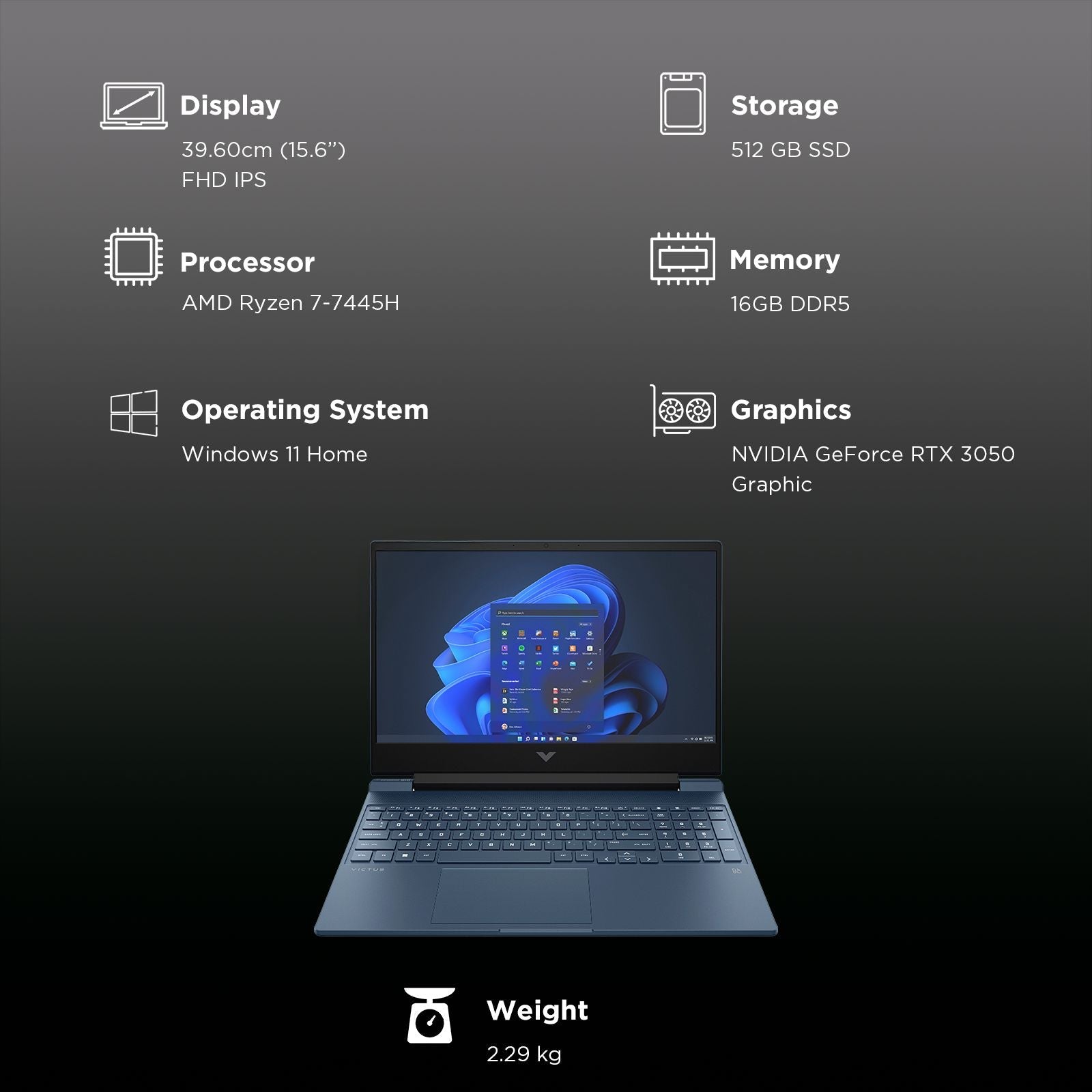 HP Victus 15-fb3125AX AMD Ryzen 7 Gaming Laptop (16GB, 512GB SSD, Windows 11 Home, 15.6 inch 144 Hz Full HD IPS Display, NVIDIA GeForce RTX 3050, Performance Blue, 2.29 KG)
