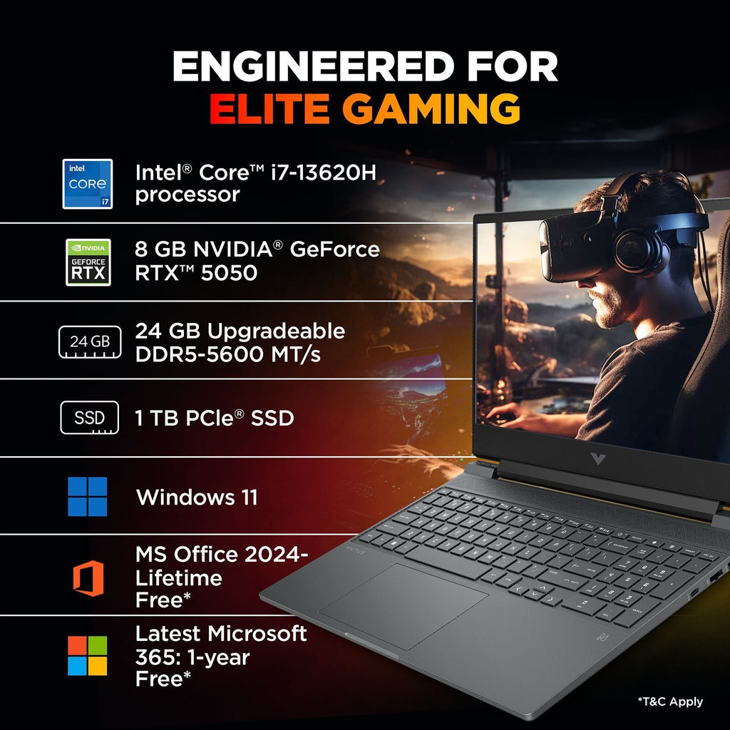 HP Victus 15-fa2309TX Intel Core i7 13th Gen Gaming Laptop (24GB, 1TB SSD, Windows 11 Home, 8GB Graphics, 15.6 Inch 144 Hz Full HD IPS Display, NVIDIA GeForce RTX 5050, MS Office Home 2024, Mica Silver, 2.29 KG)