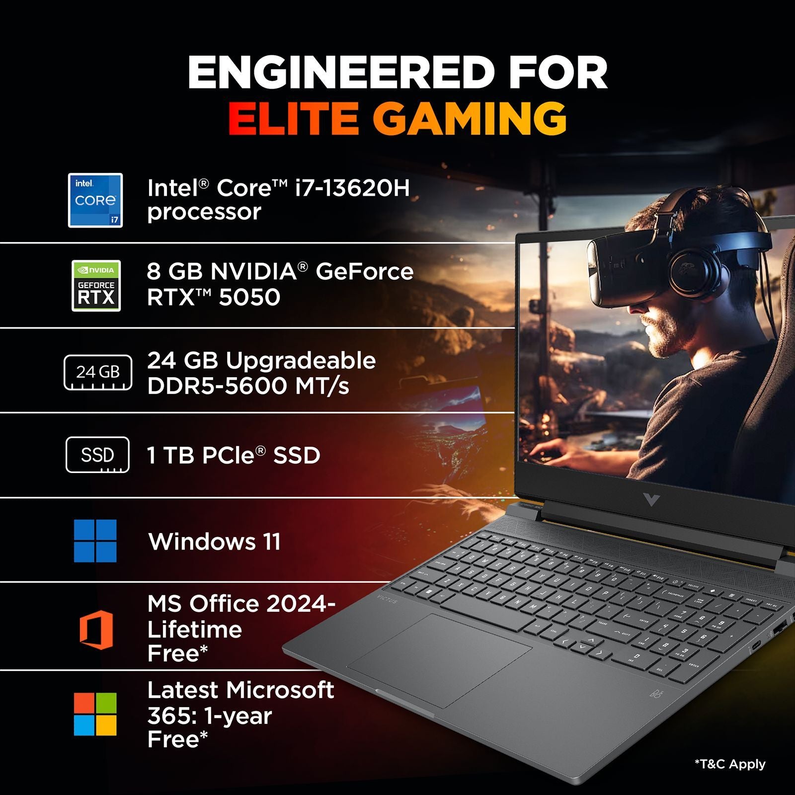 HP Victus 15-fa2309TX Intel Core i7 13th Gen Gaming Laptop (24GB, 1TB SSD, Windows 11 Home, 8GB Graphics, 15.6 Inch 144 Hz Full HD IPS Display, NVIDIA GeForce RTX 5050, MS Office Home 2024, Mica Silver, 2.29 KG)