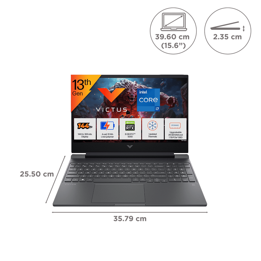 HP Victus 15-fa2309TX Intel Core i7 13th Gen Gaming Laptop (24GB, 1TB SSD, Windows 11 Home, 8GB Graphics, 15.6 Inch 144 Hz Full HD IPS Display, NVIDIA GeForce RTX 5050, MS Office Home 2024, Mica Silver, 2.29 KG)