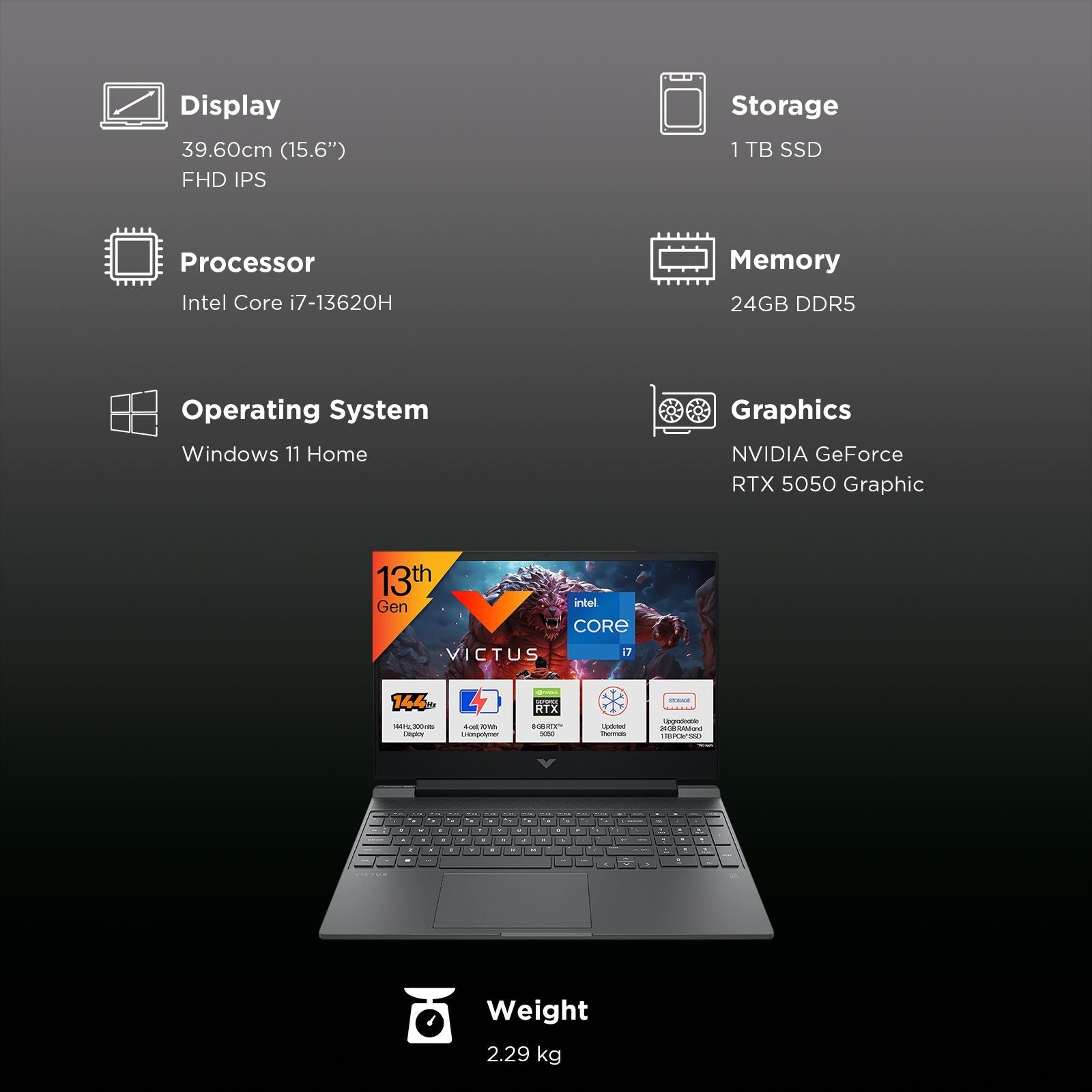 HP Victus 15-fa2309TX Intel Core i7 13th Gen Gaming Laptop (24GB, 1TB SSD, Windows 11 Home, 8GB Graphics, 15.6 Inch 144 Hz Full HD IPS Display, NVIDIA GeForce RTX 5050, MS Office Home 2024, Mica Silver, 2.29 KG)