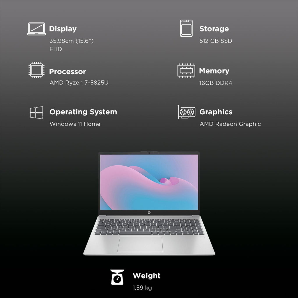 HP 15-fc0533AU AMD Ryzen 7 Thin & Light Laptop (16GB, 512GB SSD, Windows 11 Home, 15.6 inch Full HD Display, Natural Silver, 1.59 KG)